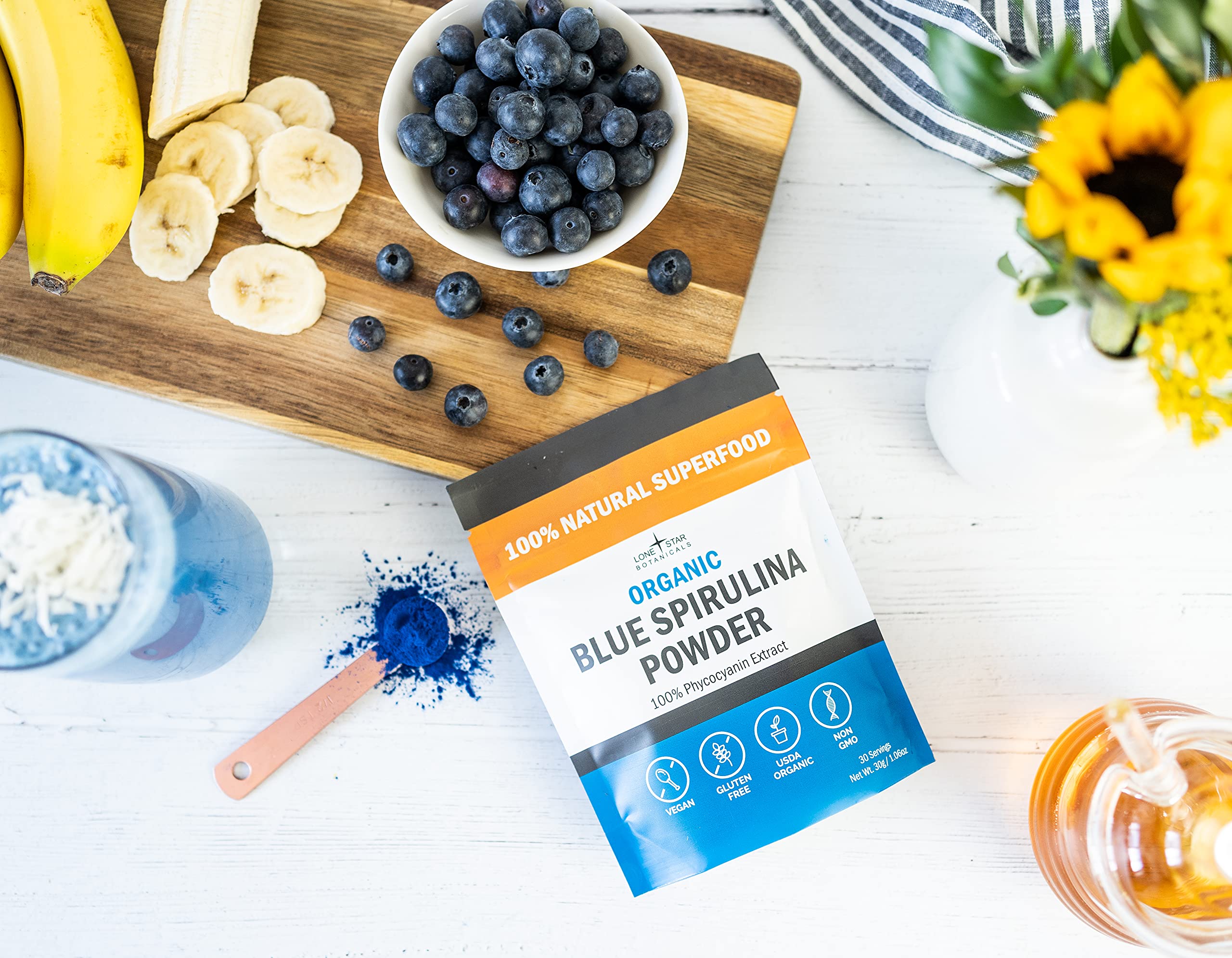 Sachet spiruline bleue de Lone Star Botanicals, dosage précis pour colorer vos boissons.