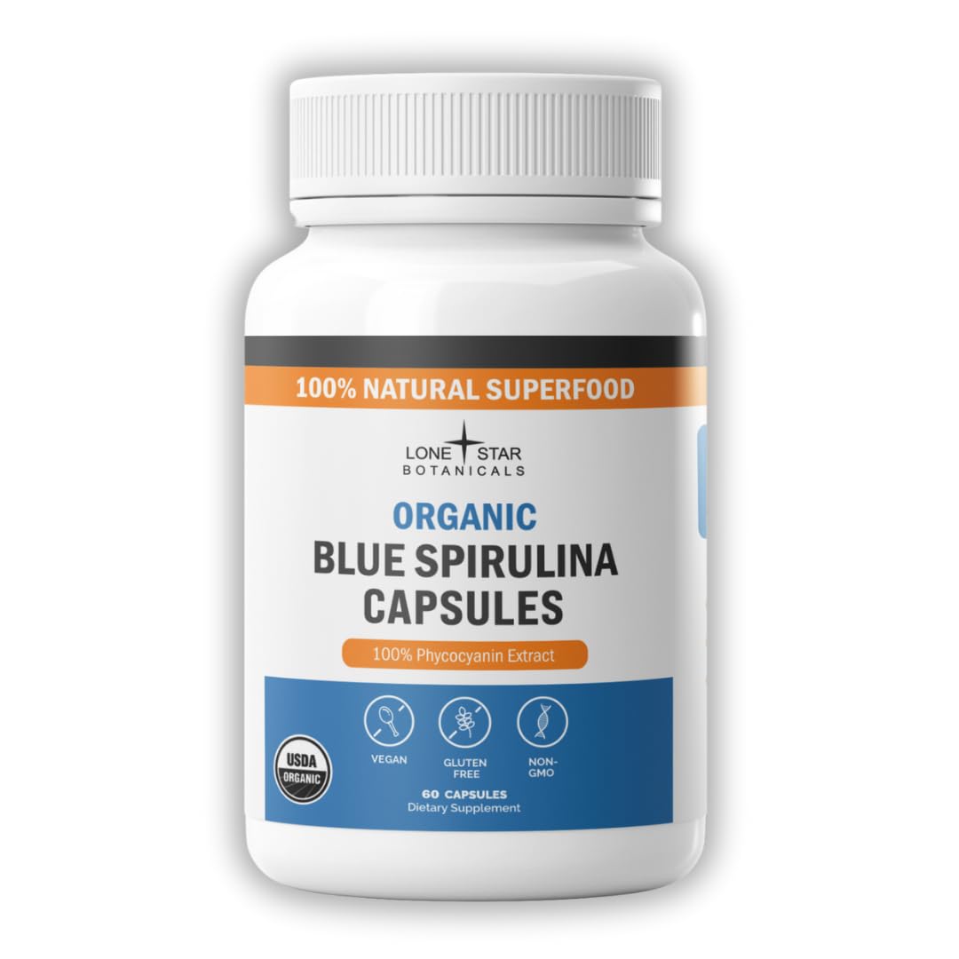 Gélules spiruline bleue Lone Star Botanicals dans une bouteille, usage quotidien possible