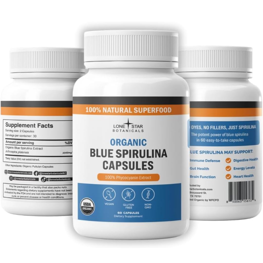 Gros plan sur les gélules bleues Lone Star Botanicals, complément vegan pratique