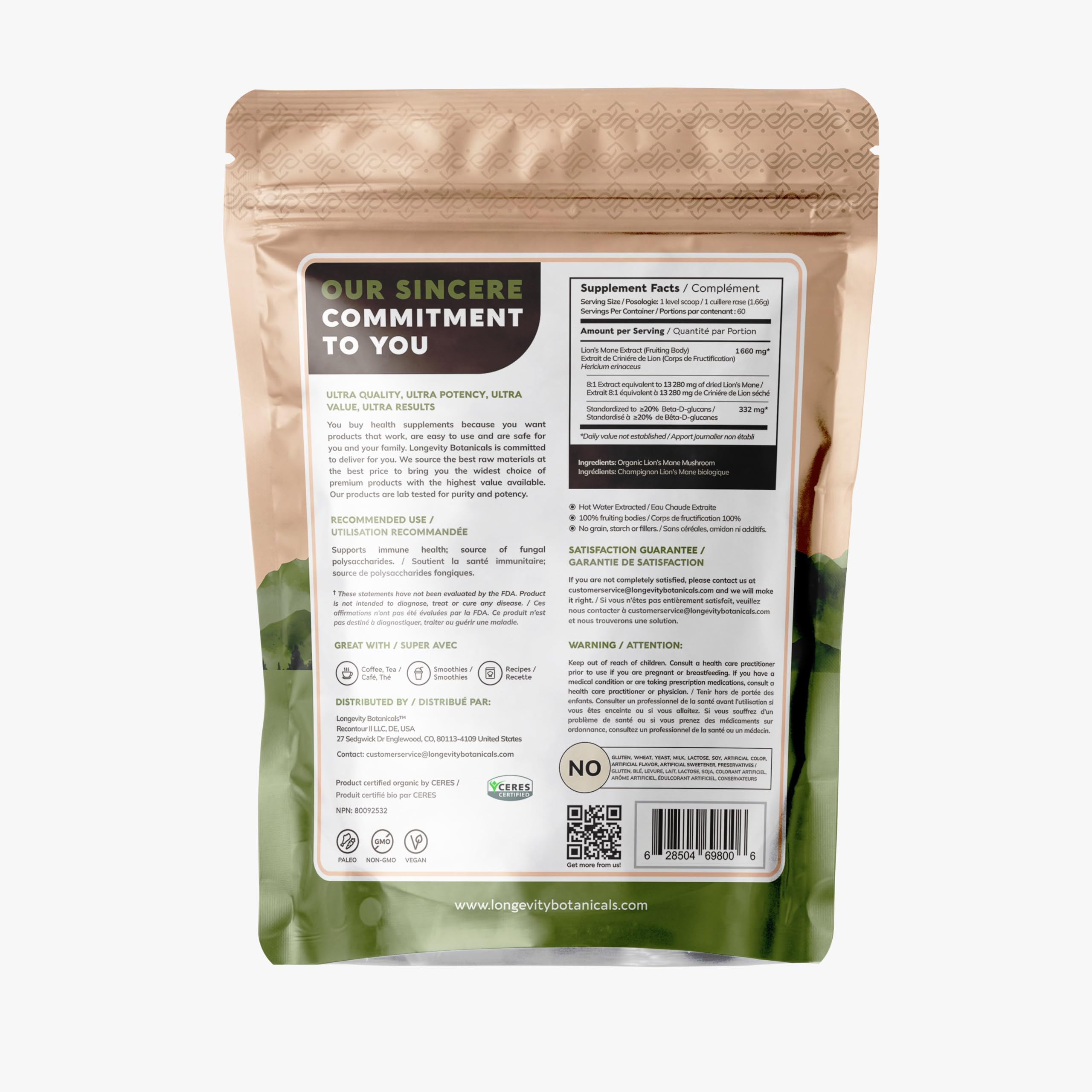 Longevity Botanicals Crinière de Lion poudre pure du corps fruitier et bêta-glucanes