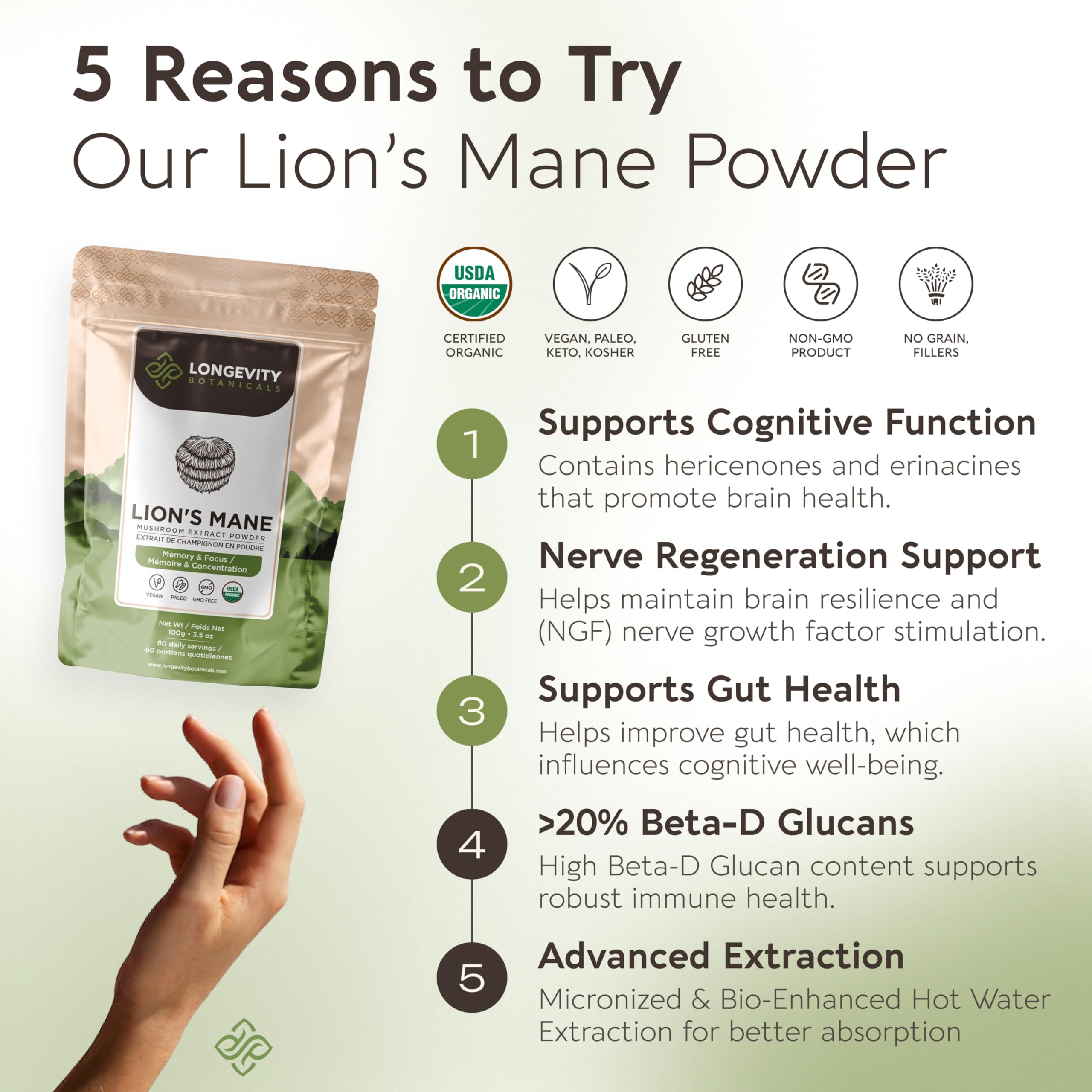 Longevity Botanicals Crinière de Lion extrait 8:1, fortifiant clarté mentale et focus