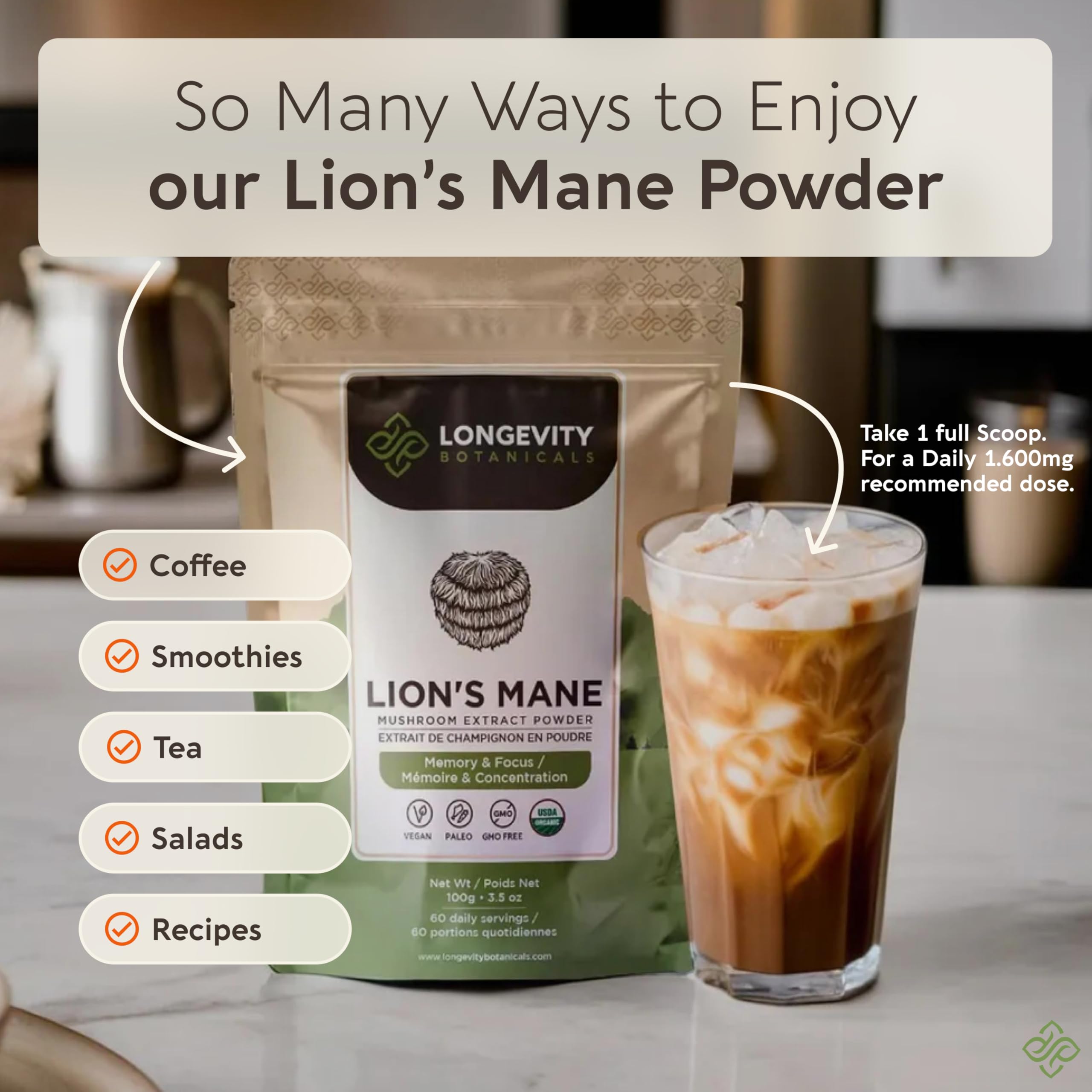 Longevity Botanicals Crinière de Lion poudre flacon-dose pour 60 portions