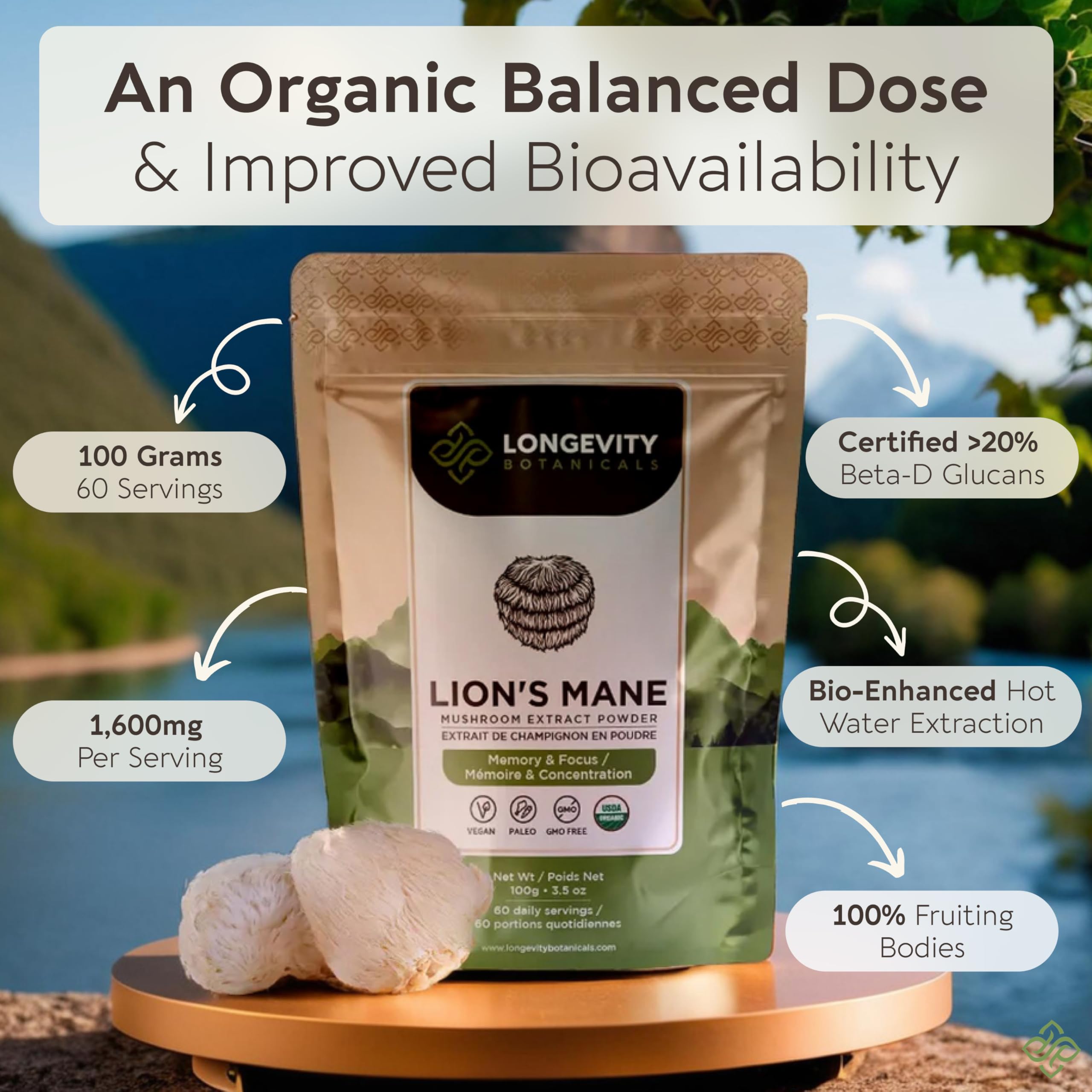 Longevity Botanicals Crinière de Lion poudre scoop inclus pour dosages simples