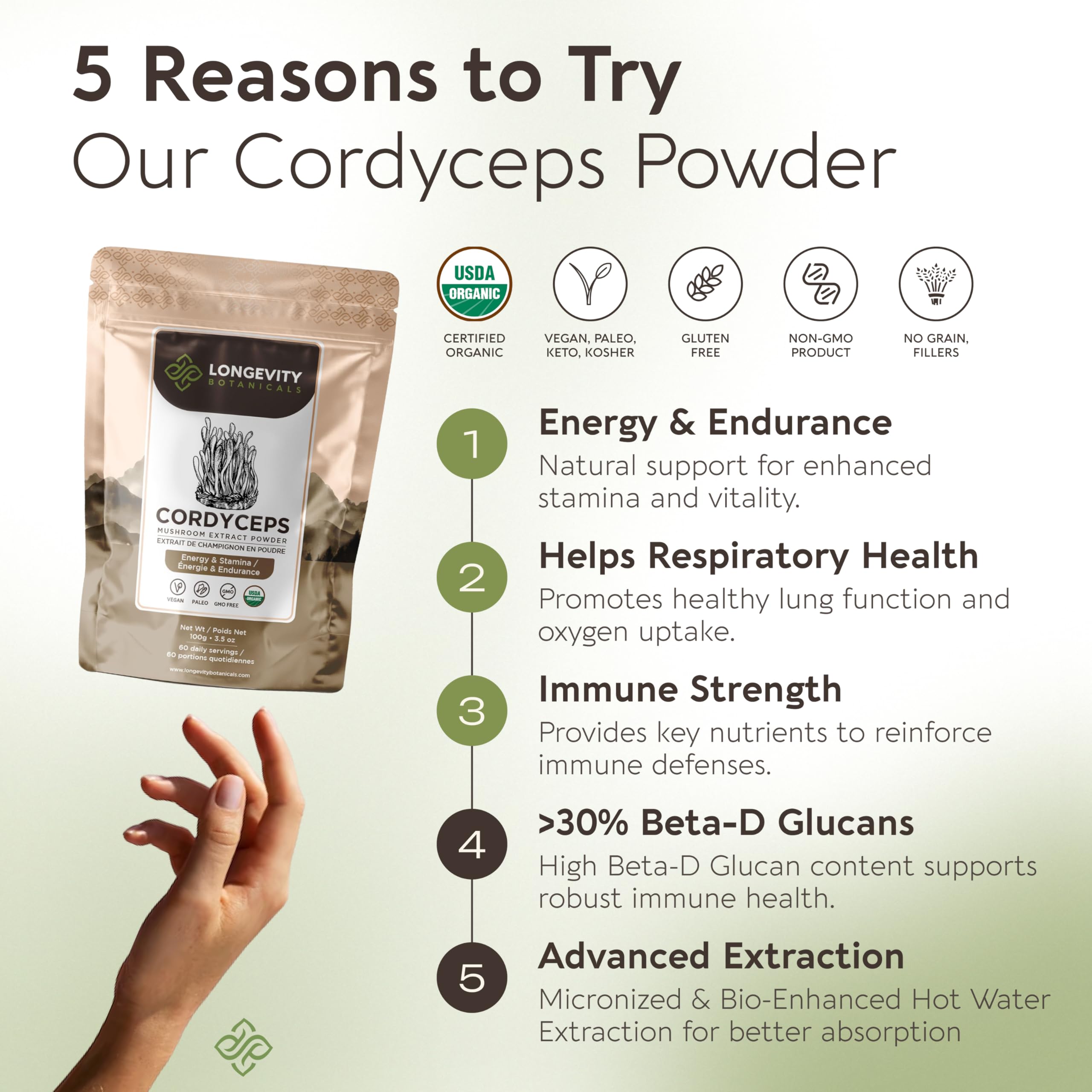 Cordyceps Longevity Botanicals extrait 10:1, concentration élevée pour endurance.