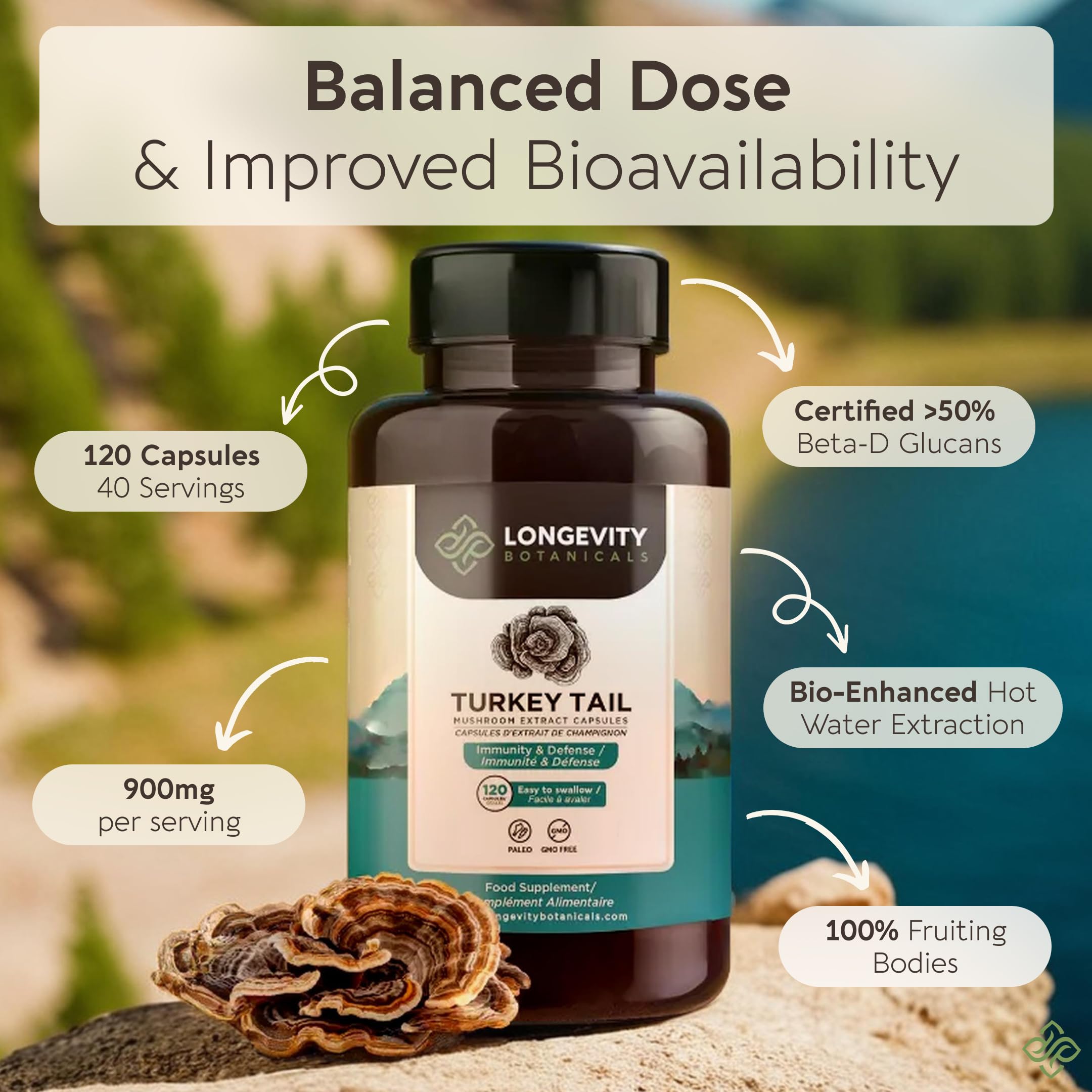 Étiquette biologique USDA Longevity Botanicals, assurance qualité et pureté.