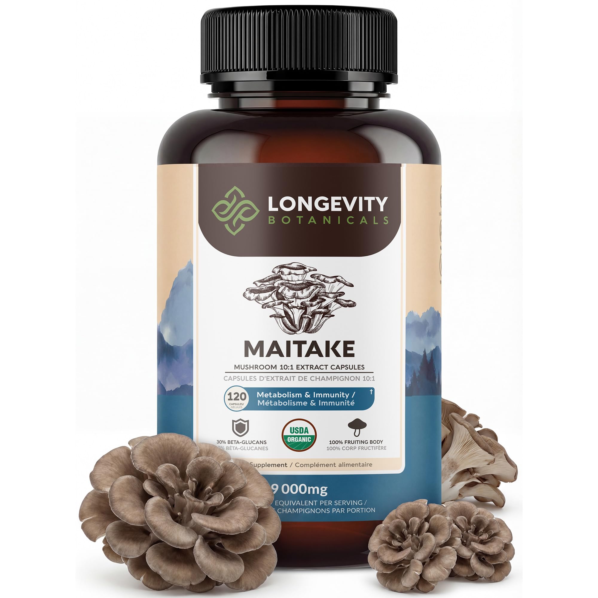 Longevity Botanicals Maitake extrait bouteille : soutien digestif naturel et immunité équilibrée.