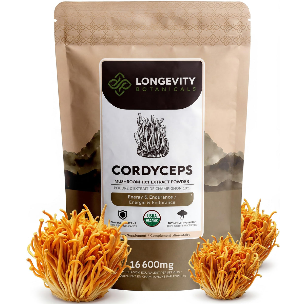 Cordyceps Longevity Botanicals poudre 100g, énergie potentielle et vitalité.