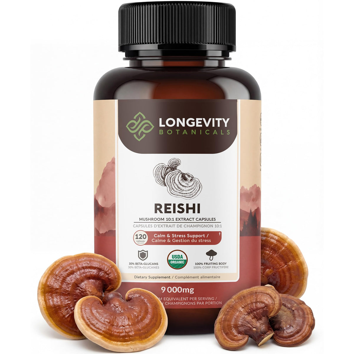 Longevity Botanicals Reishi: bouteille de capsules favorisant calme et équilibre quotidien.