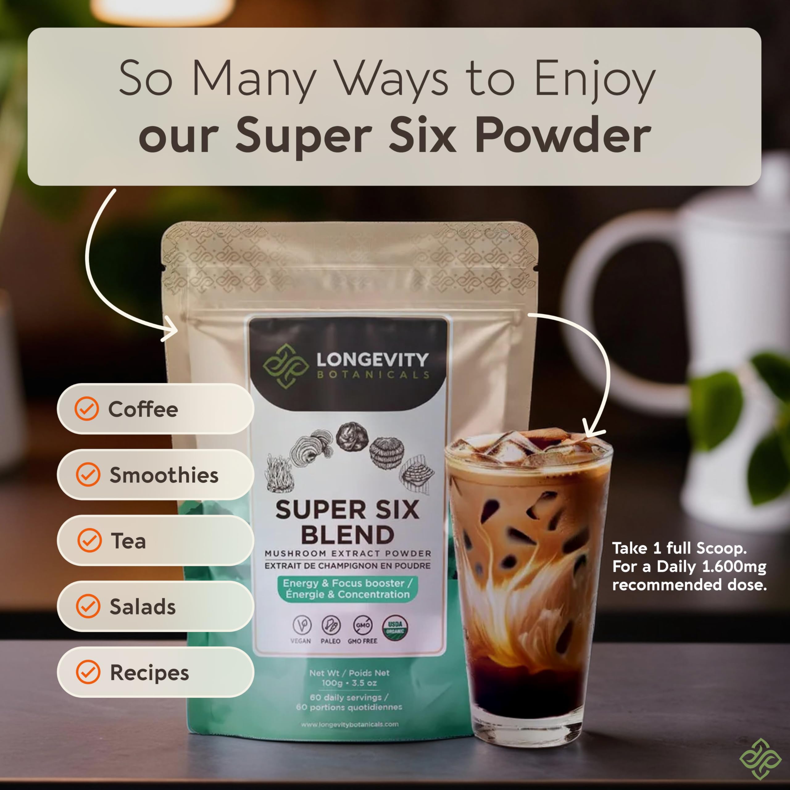 Longevity Botanicals Super Six flacon 100 g avec bouchon hermétique.