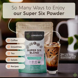 Longevity Botanicals Super Six flacon 100 g avec bouchon hermétique.
