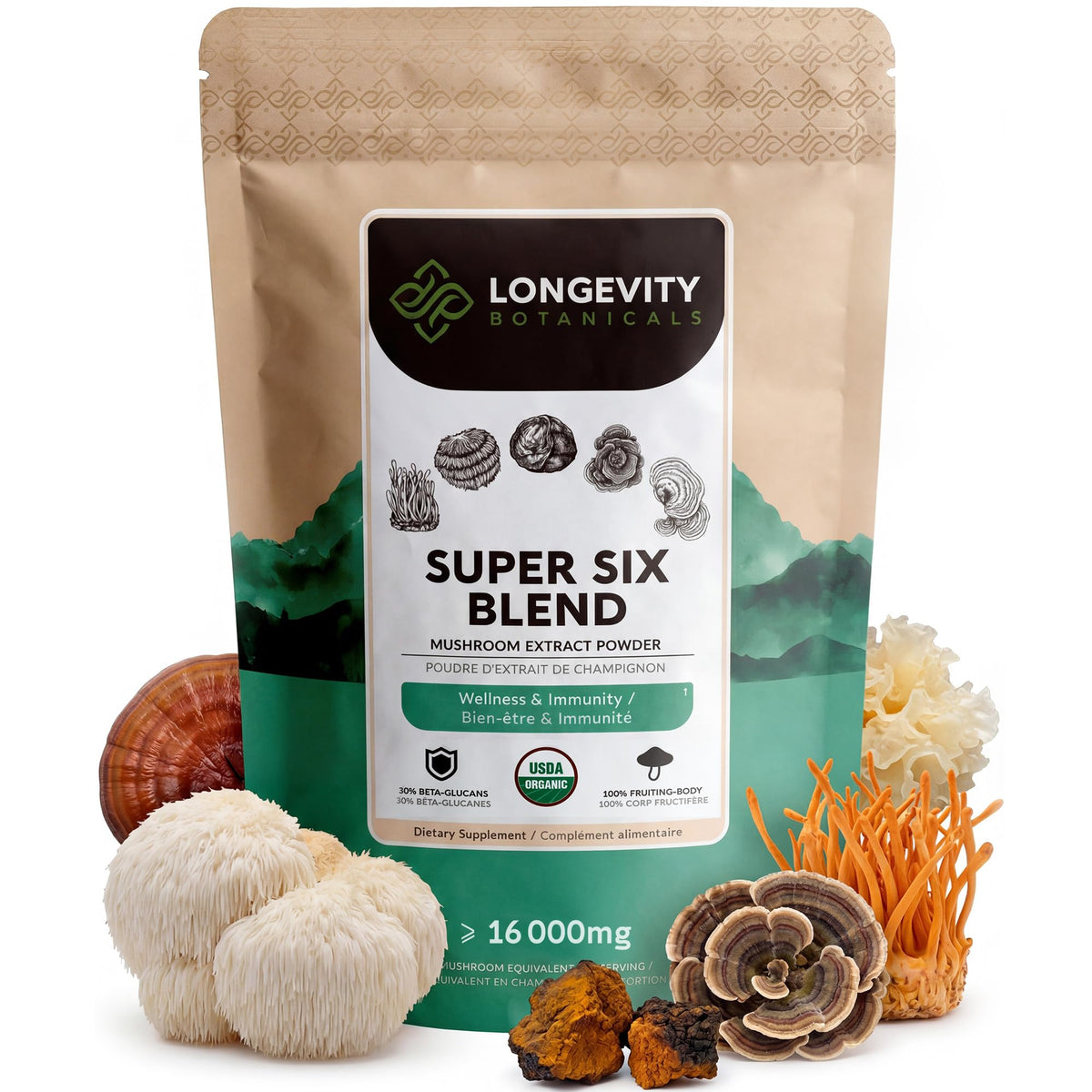 Longevity Botanicals Super Six poudre emballage, pratique pour votre routine bien-être.