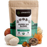 Longevity Botanicals Super Six poudre emballage, pratique pour votre routine bien-être.
