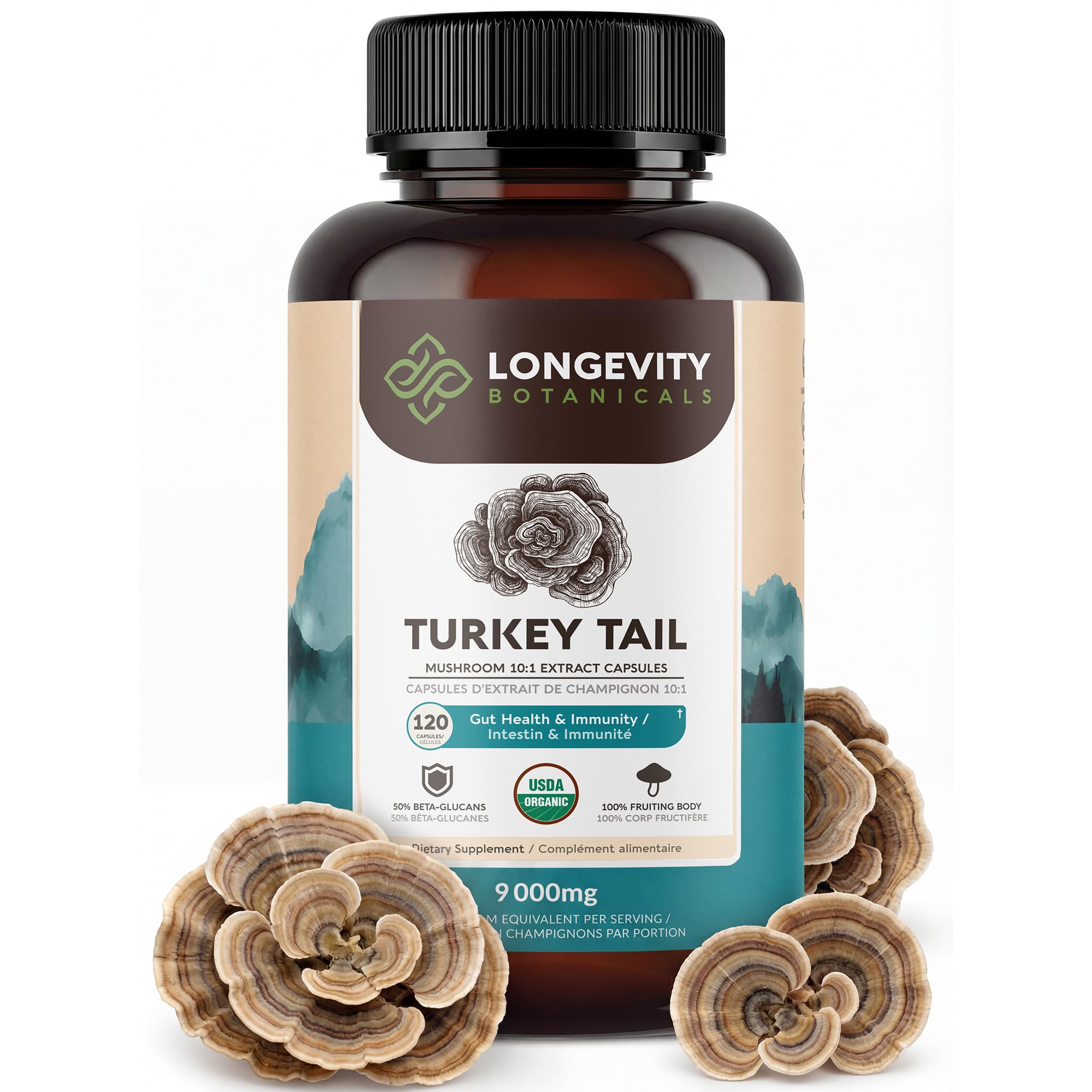 Gélules Longevity Botanicals tramète versicolore en bouteille, soutien potentiel immunitaire et équilibre intestinal.