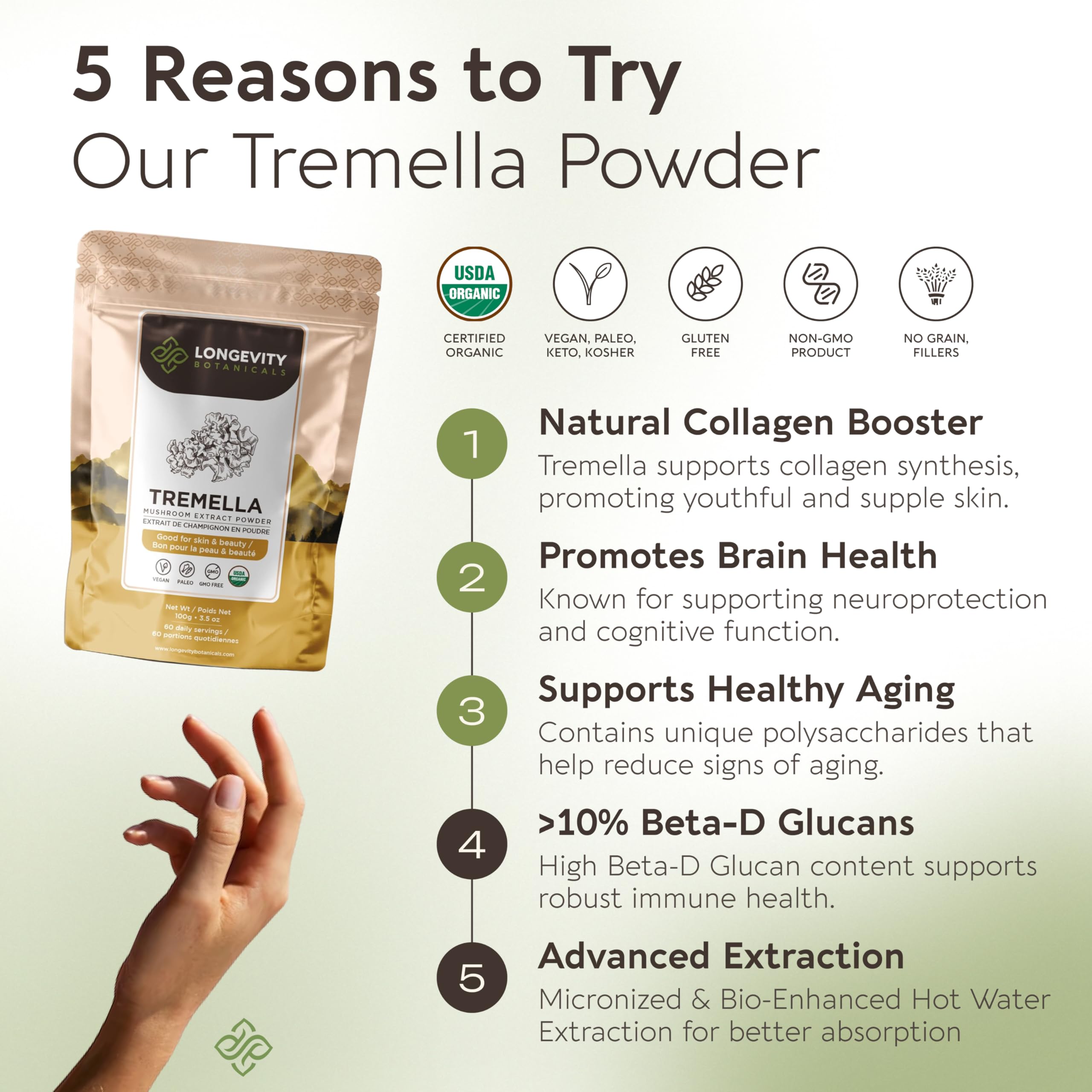 Longevity Botanicals Tremella dose-mesure pratique pour doser facilement chaque portion.