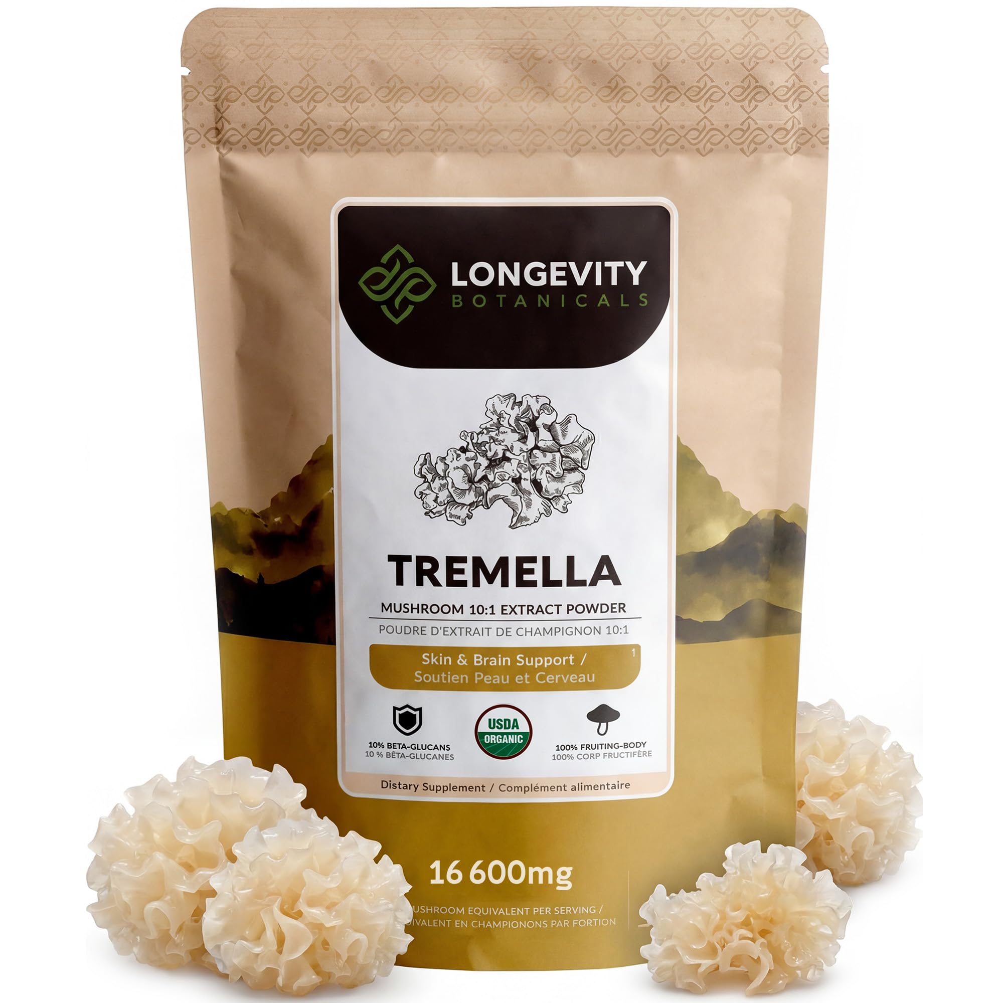Longevity Botanicals Tremella, poudre bio 100 g, hydratation naturelle de la peau.