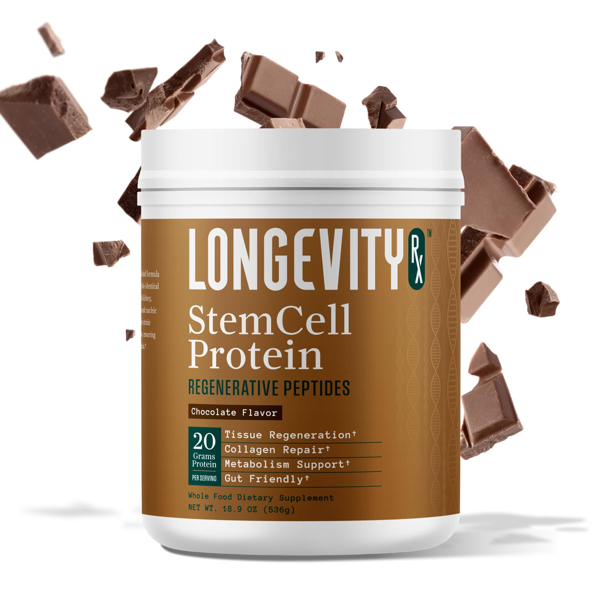 Longevity Rx poudre protéine cellules souches chocolat bouteille - source naturelle pour récupération.