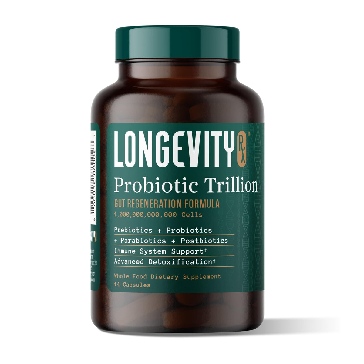 Longevity Rx Probiotic Trillion — bouteille illustrant la formule biotique complète pour le microbiome.