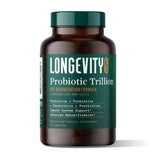 Longevity Rx Probiotic Trillion — bouteille illustrant la formule biotique complète pour le microbiome.