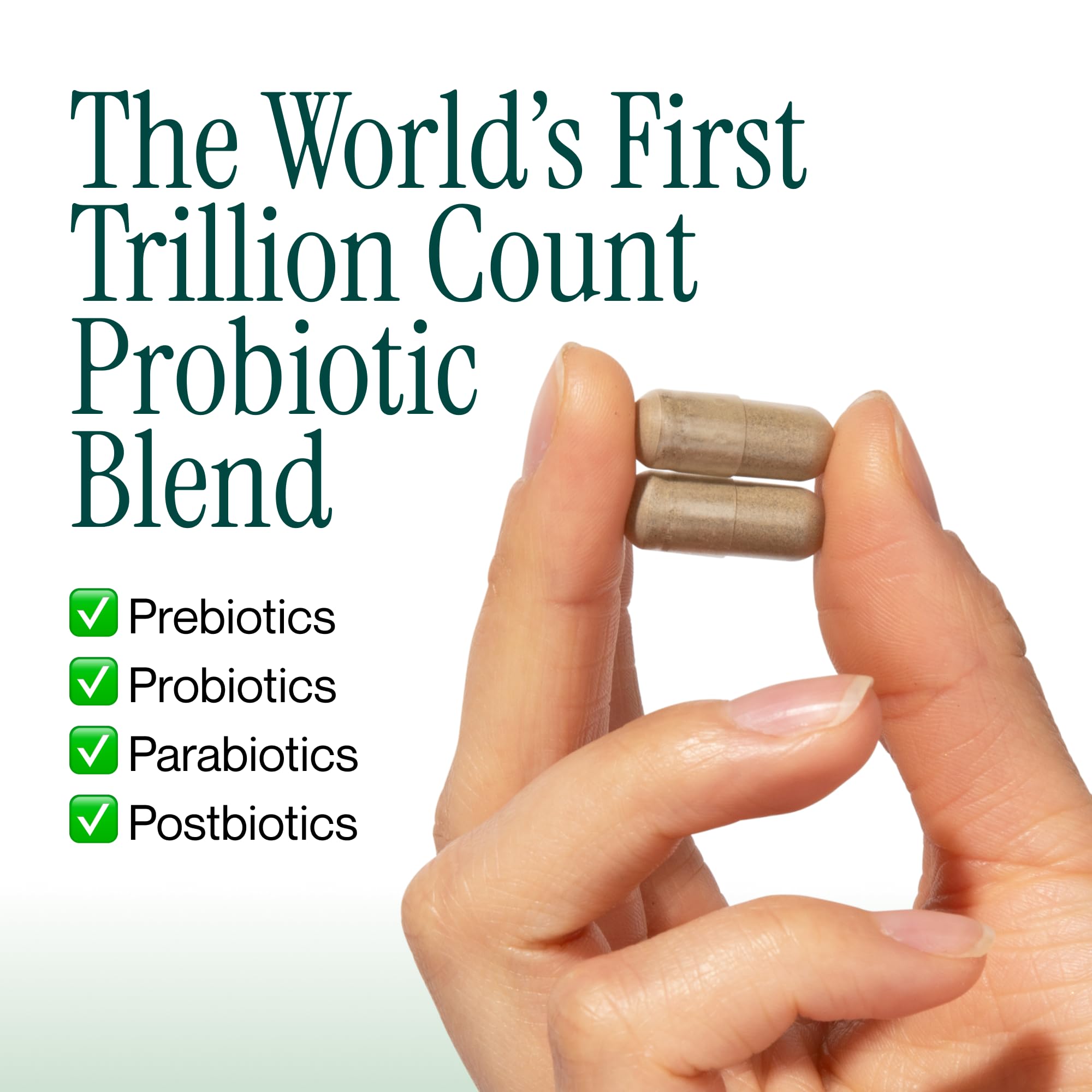 Longevity Rx Probiotic Trillion — capsules visibles favorisant prébiotiques et probiotiques pour la santé intestinale.