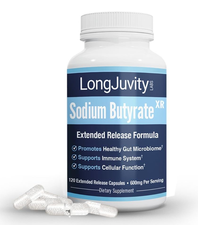 LongJuvity Sodium Butyrate: capsules 300 mg pour absorption ciblée.