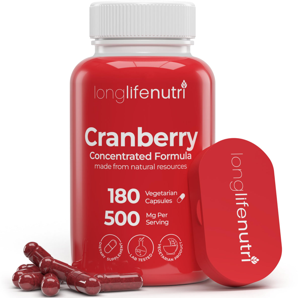 LongLifeNutri Cranberry Extrait – bouteille montrée et soutien potentiel de la santé urinaire.