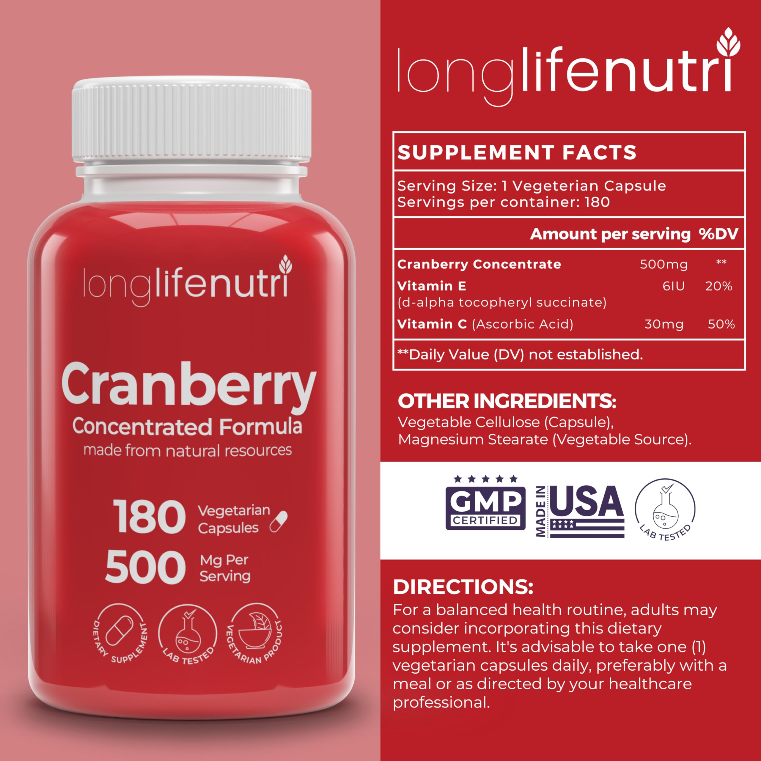 LongLifeNutri Cranberry Extrait – capsules visibles et utilisation journalière possible.
