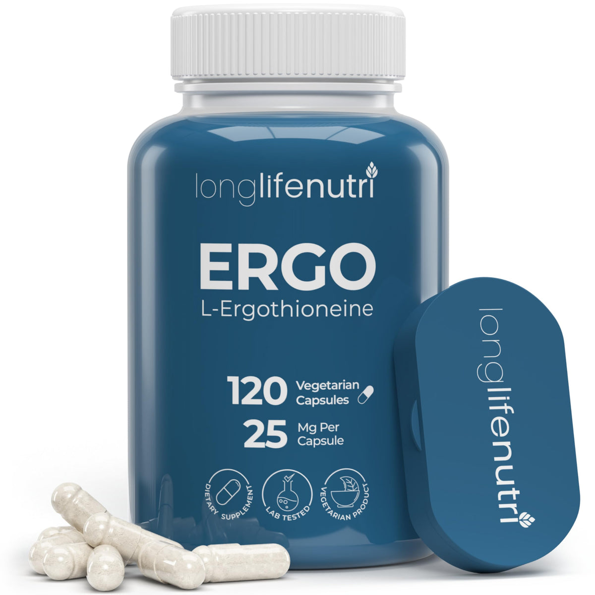 LongLifeNutri L-Ergothioneine 25 mg, bouteille de 120 capsules prête à être intégrée à votre routine.