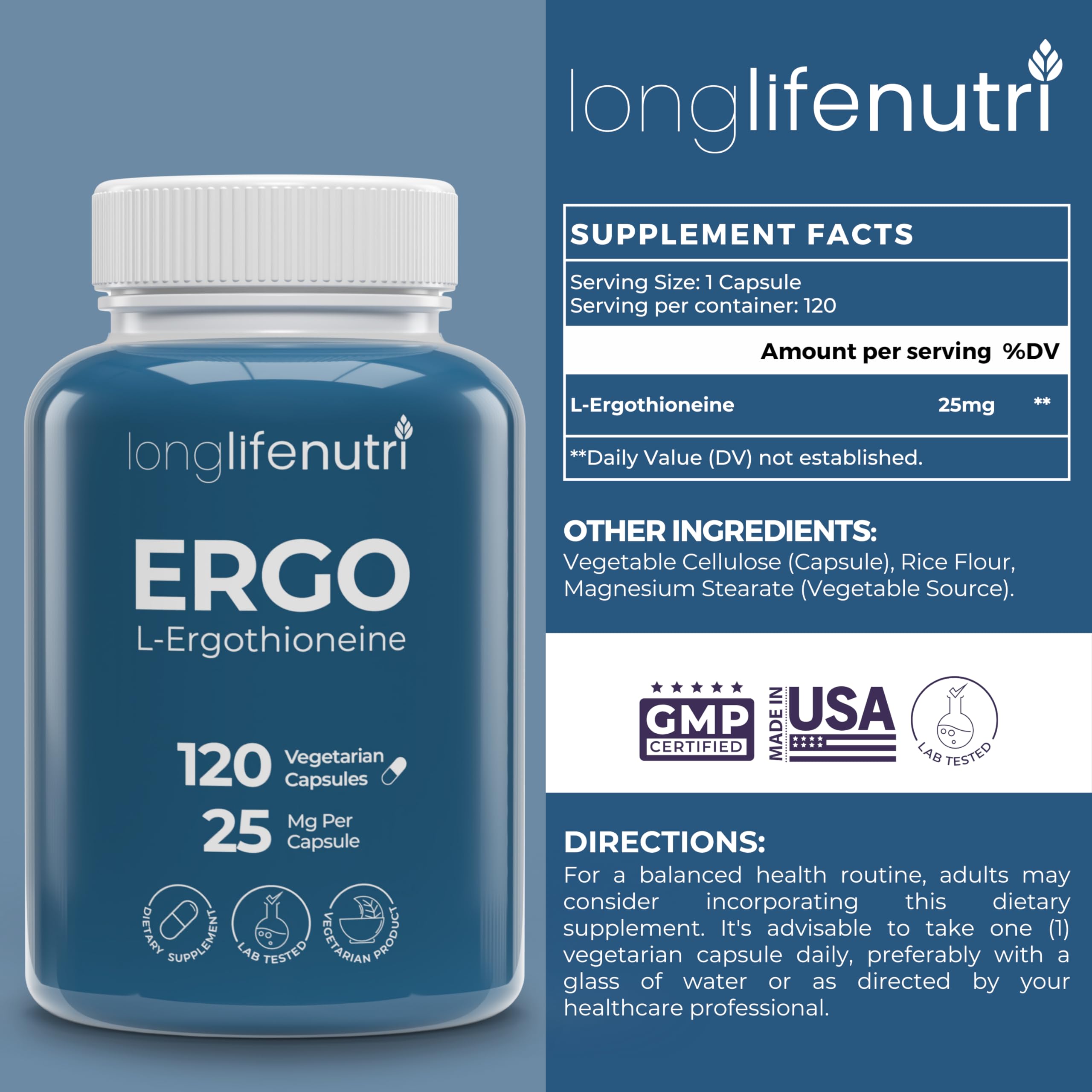 Capsules végétariennes LongLifeNutri ergothioneine 25 mg faciles à avaler au quotidien.