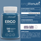 Capsules végétariennes LongLifeNutri ergothioneine 25 mg faciles à avaler au quotidien.