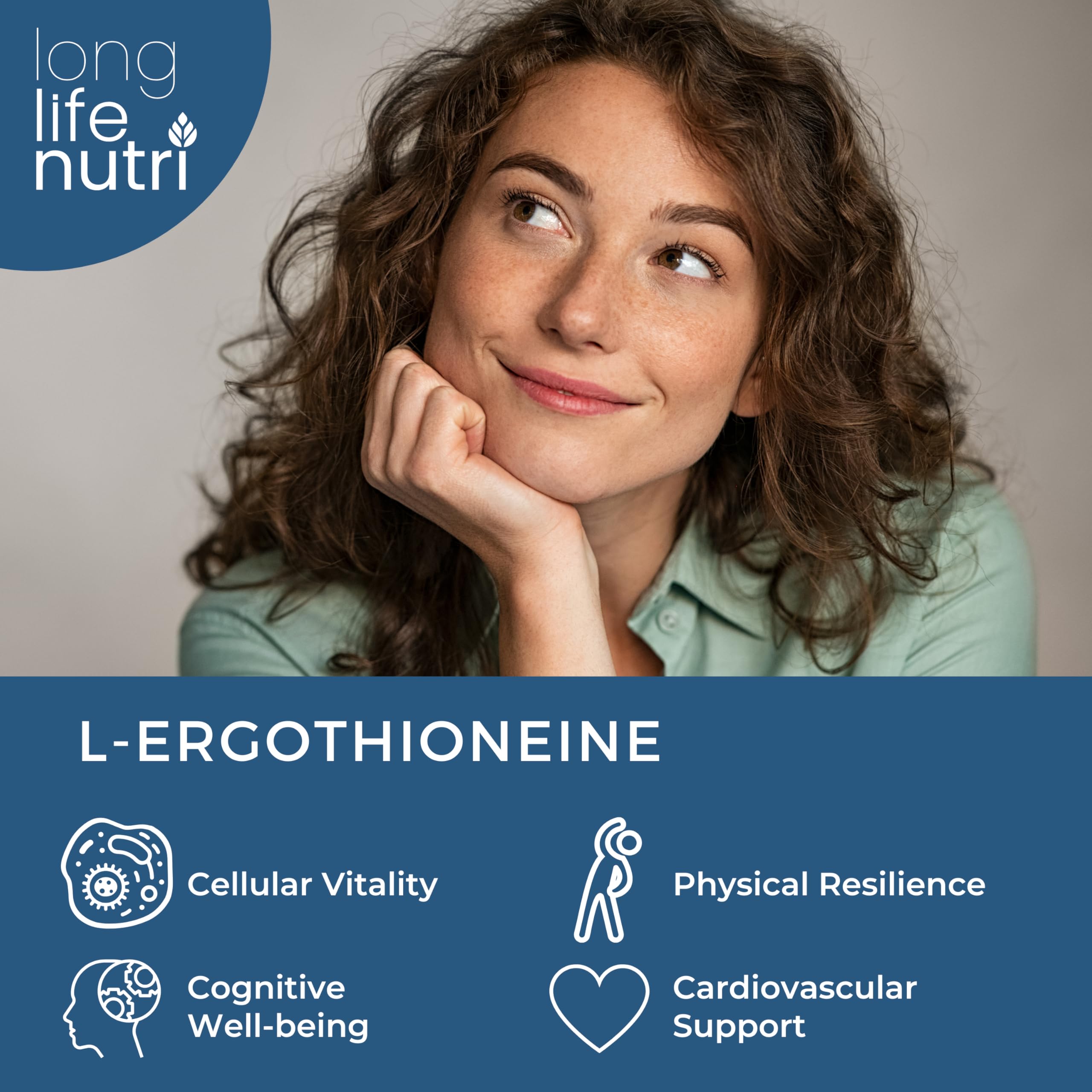 Emballage LongLifeNutri L-Ergothioneine avec sceau GMP et fabrication USA.