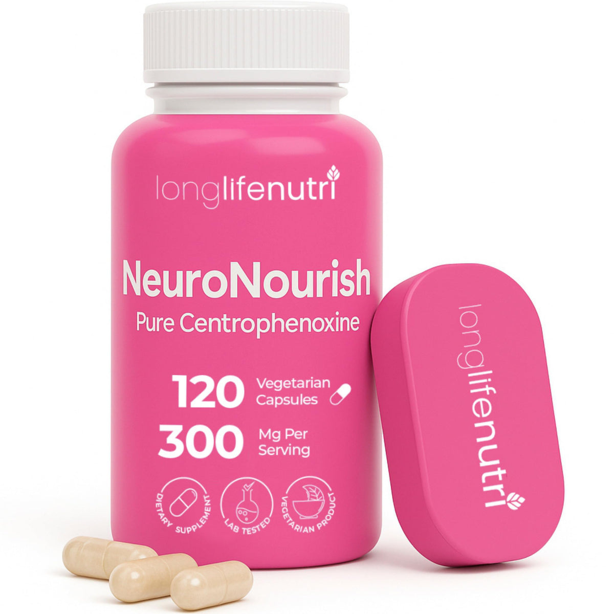 NeuroNourish LongLifeNutri, bouteille-pilules pour concentration soutenue.