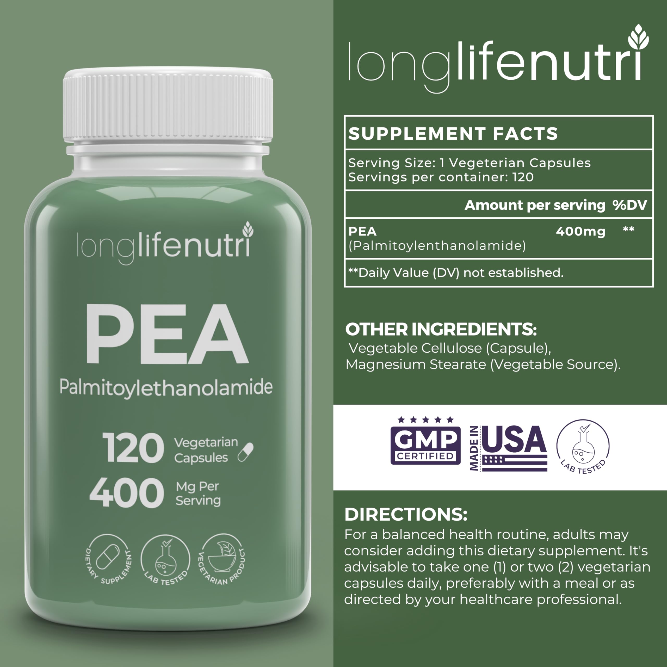 Capsules végétariennes LongLifeNutri PEA faciles à avaler au quotidien