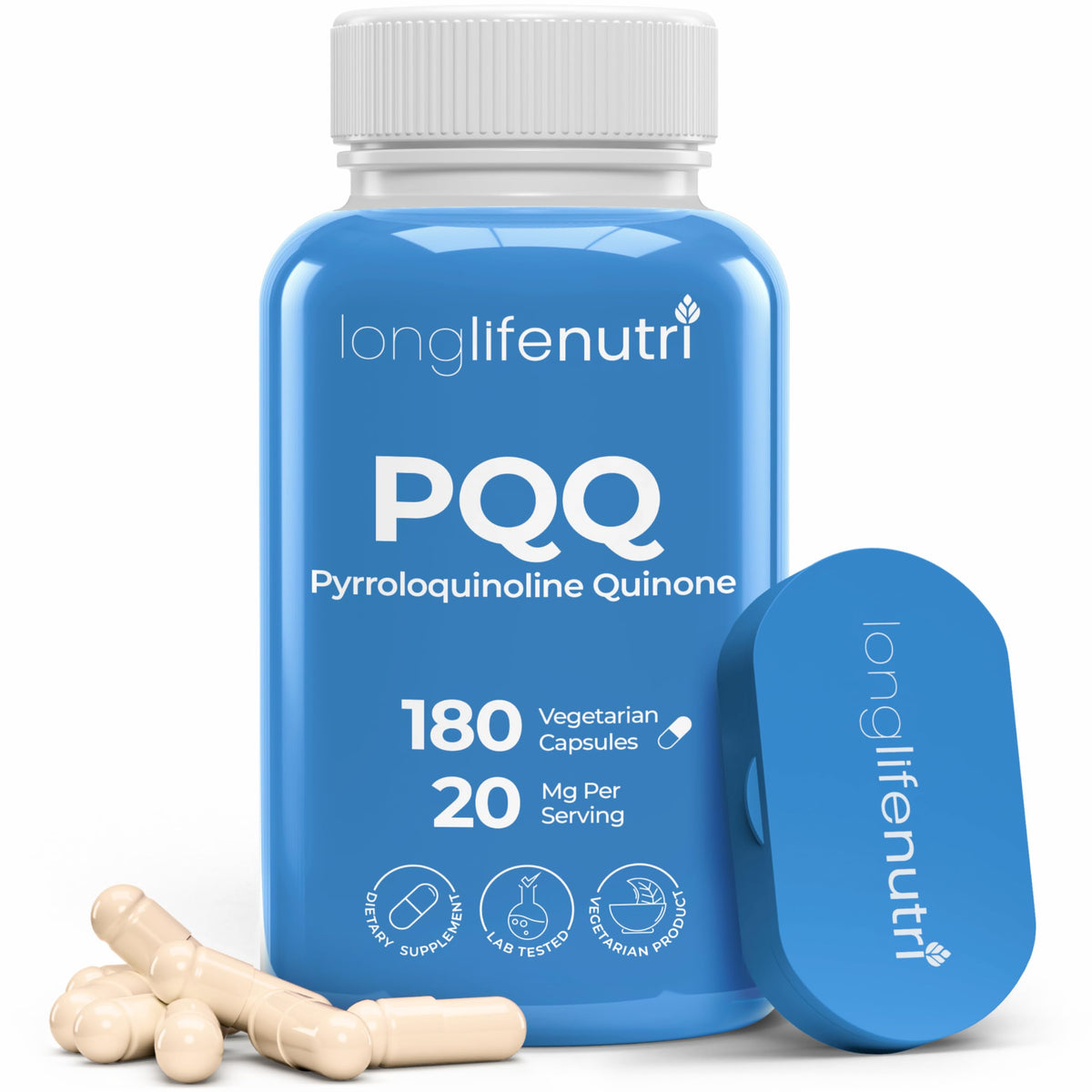 Bouteille LongLifeNutri PQQ et bouchon visibles, suggérant une énergie durable au quotidien.