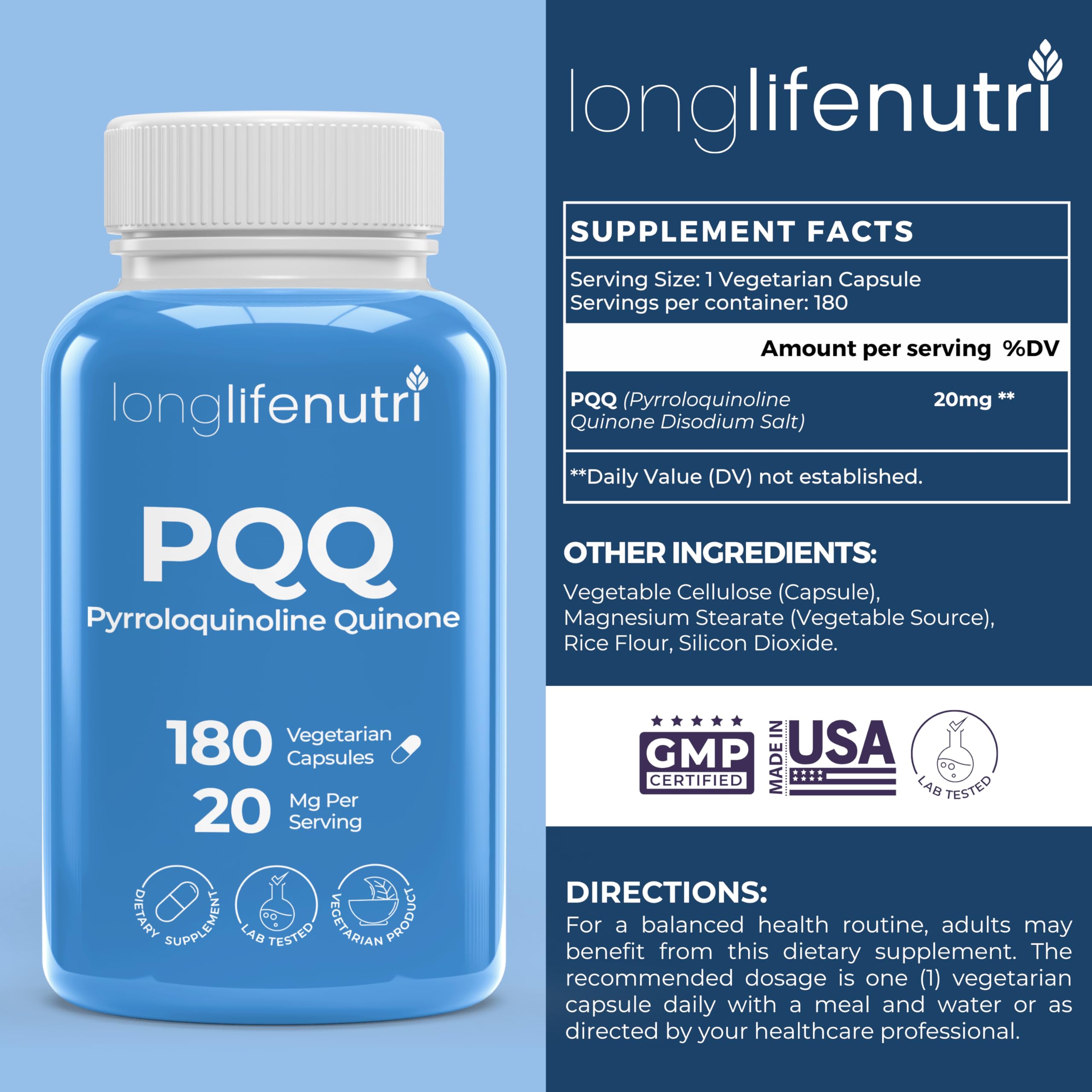 Capsules végétariennes LongLifeNutri PQQ prêtes à avaler au petit-déjeuner.