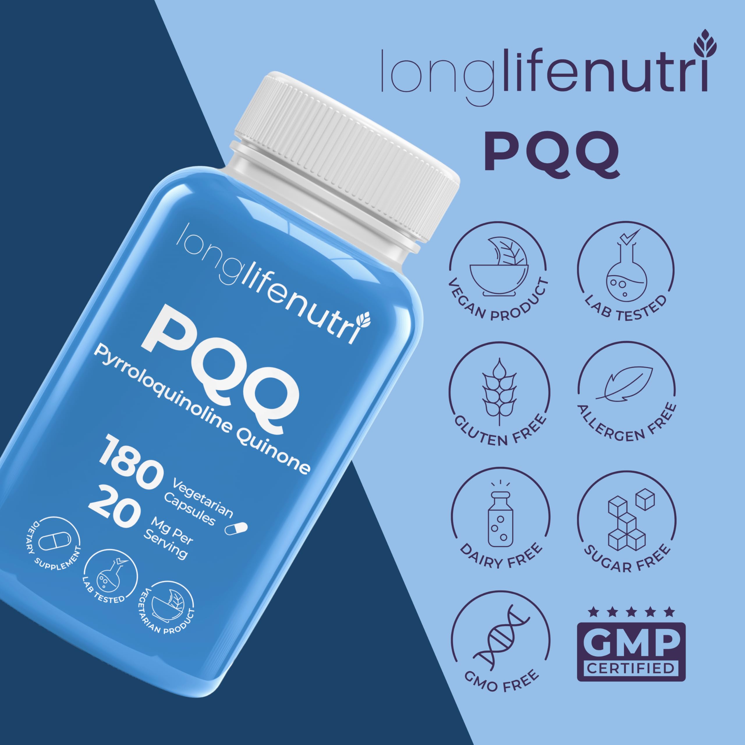 Garantie 365 jours LongLifeNutri PQQ, organisateur de pilules inclus.