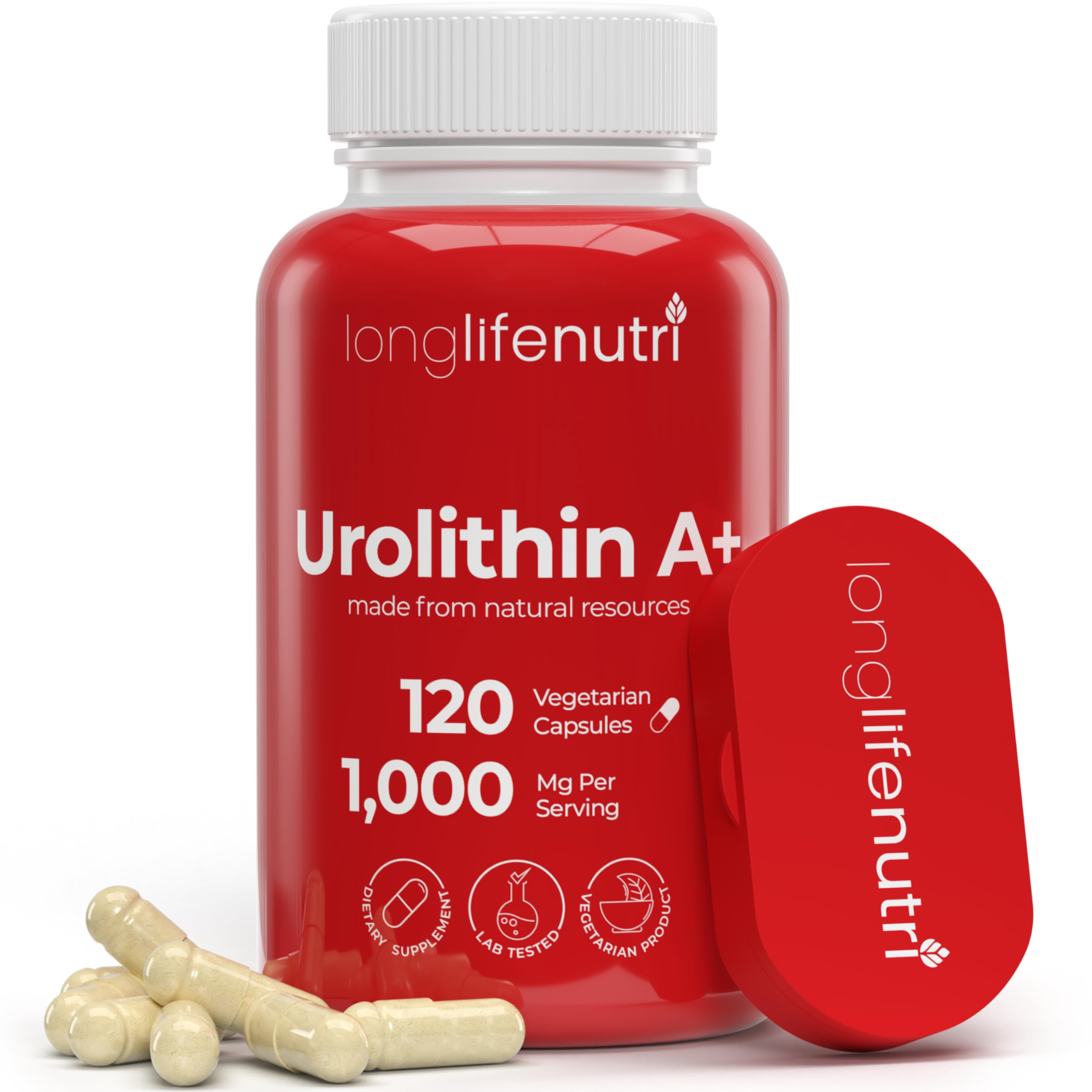 Bouteille LongLifeNutri Urolithin A+ 1000mg prête à l’emploi, valeur et praticité.
