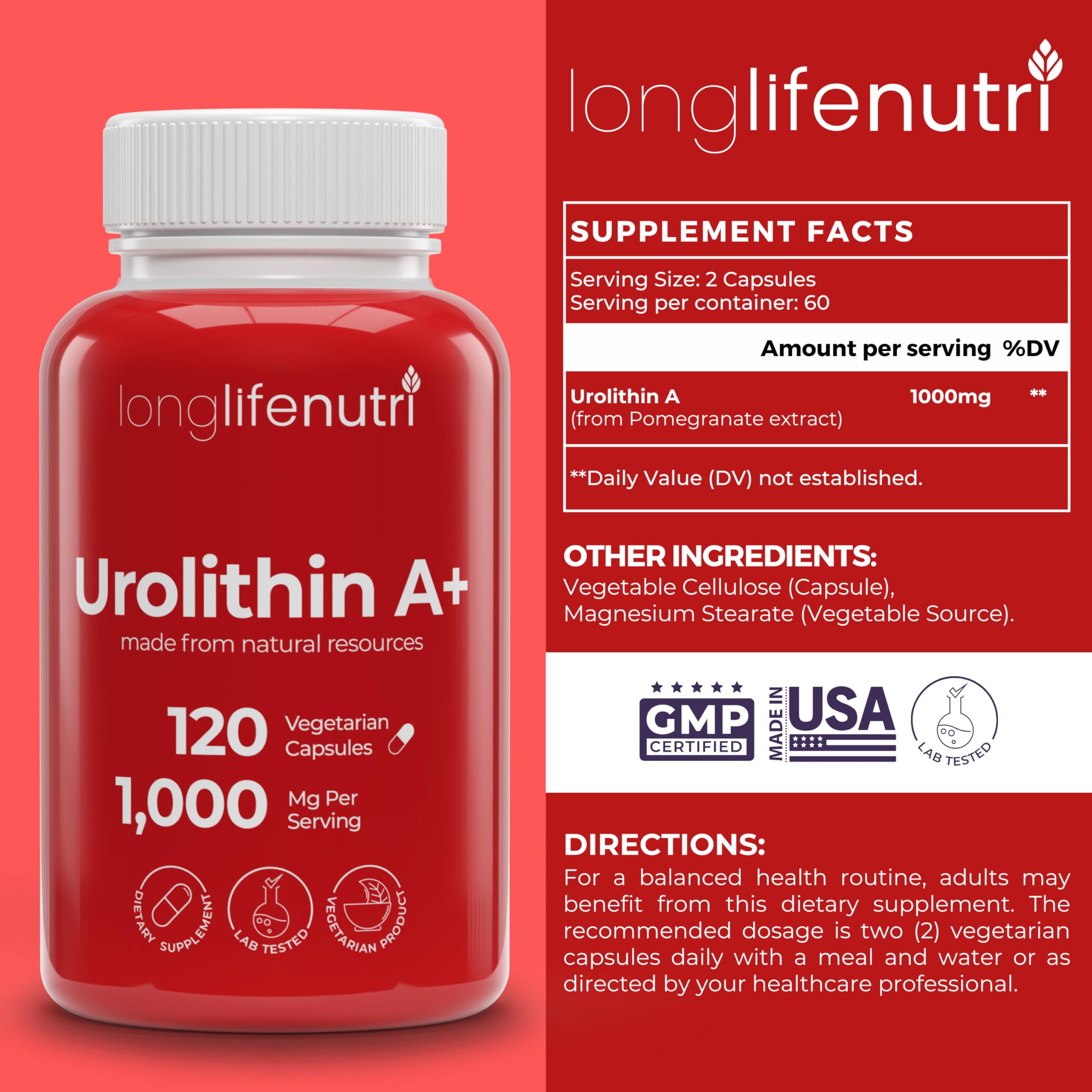 Capsules végétariennes LongLifeNutri Urolithin A+ faciles à intégrer.