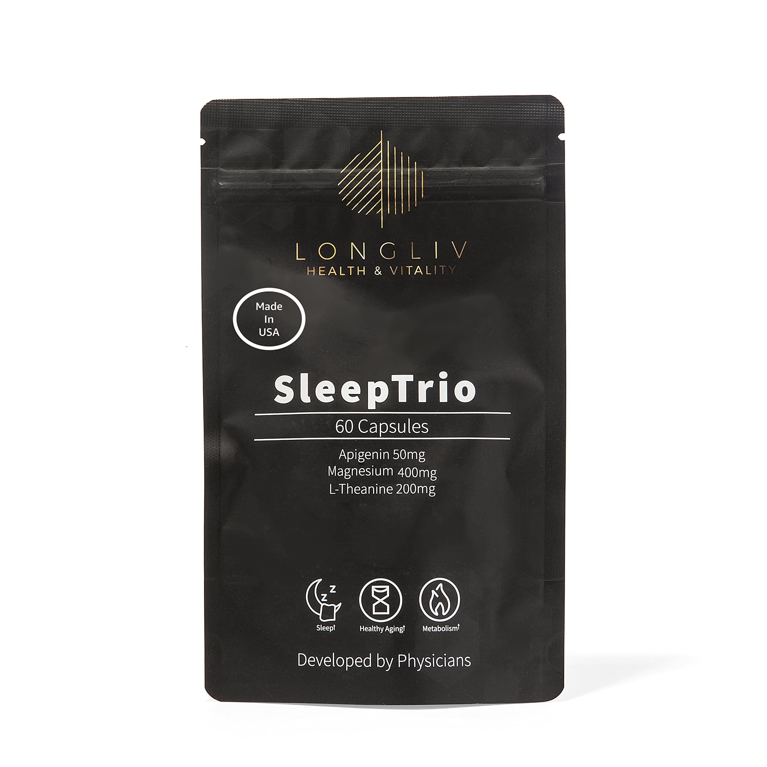 LongLiv Sleep Trio, flacon élégant favorisant une routine sommeil sans mélatonine.