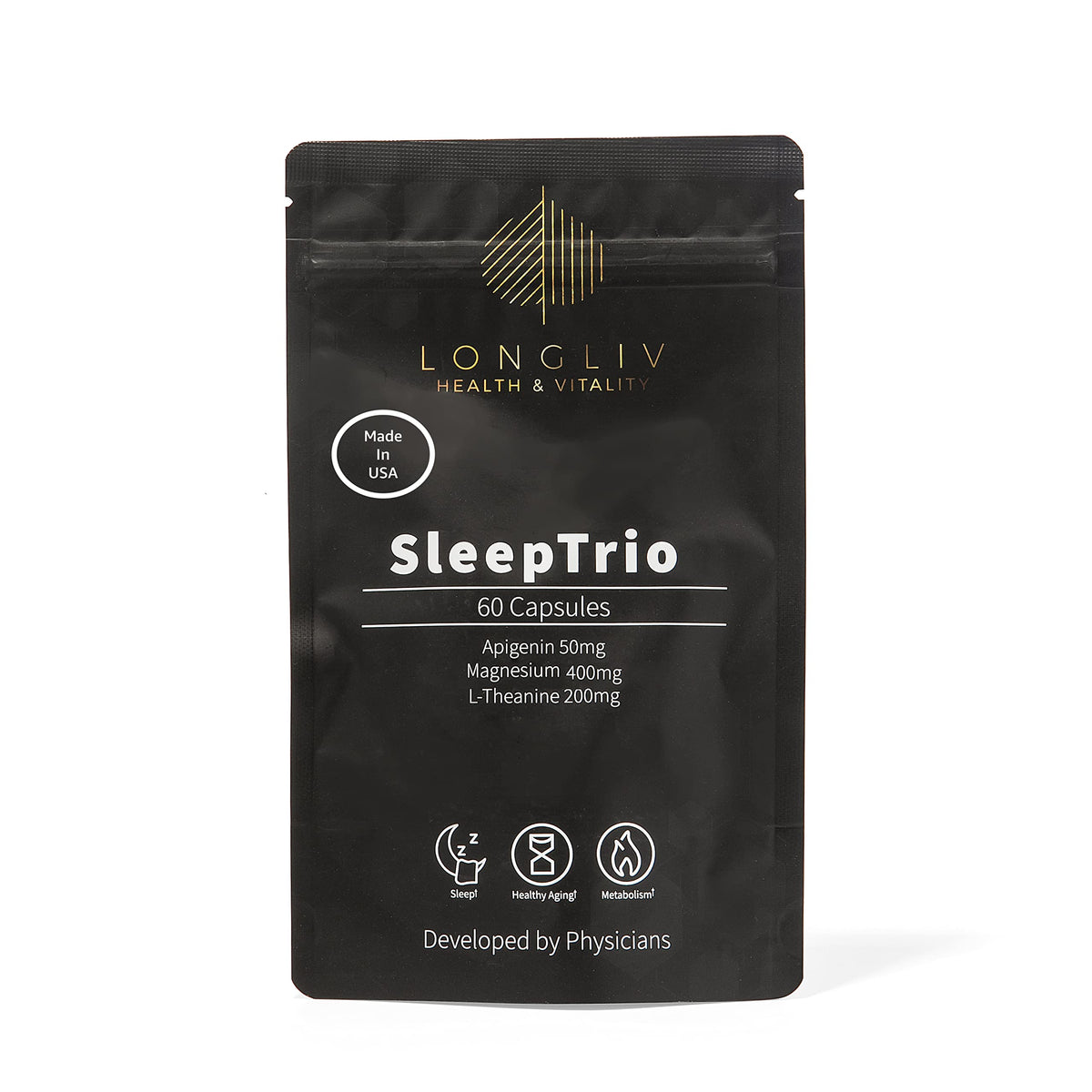 LongLiv Sleep Trio, flacon élégant favorisant une routine sommeil sans mélatonine.