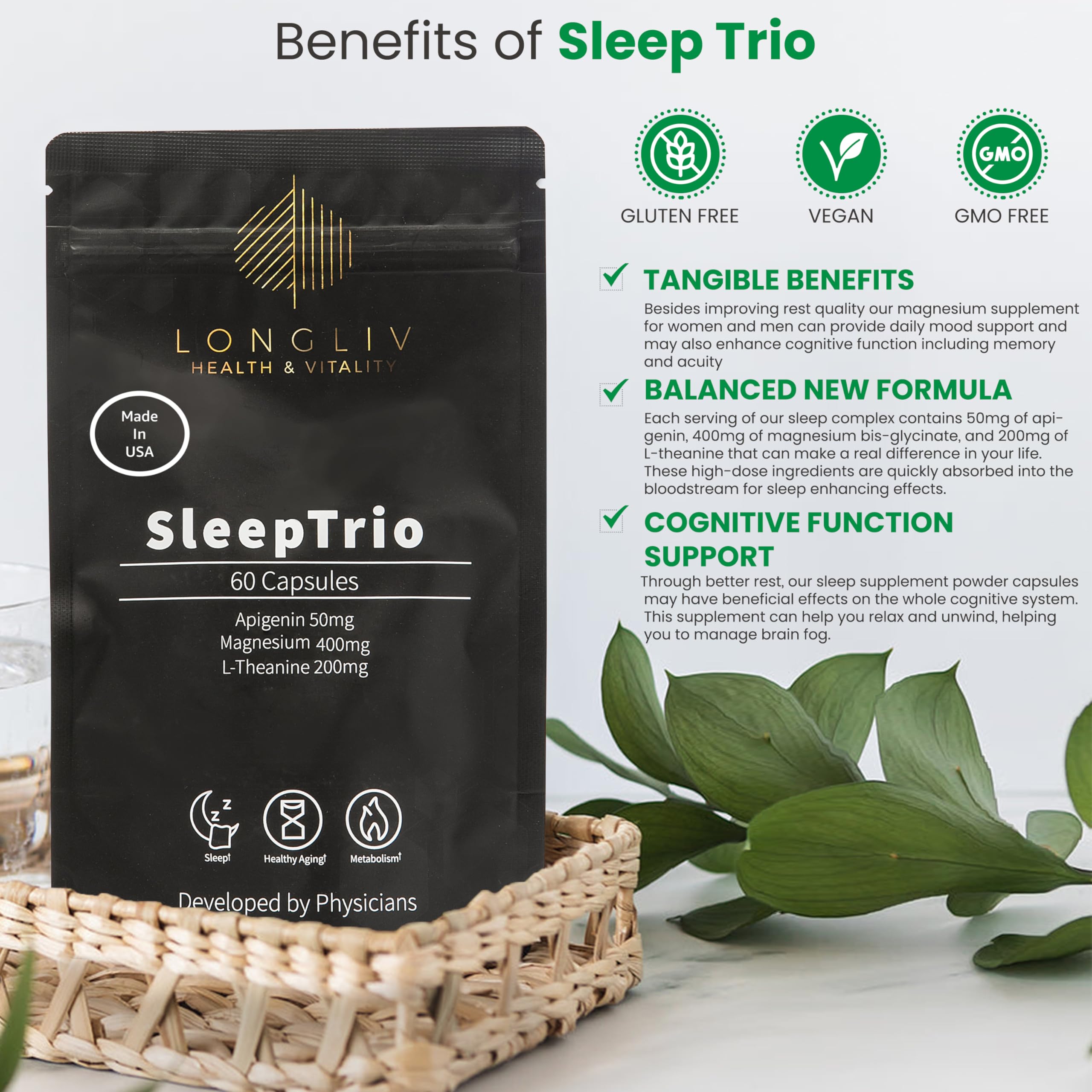 Composants Sleep Trio : magnésium bisglycinate, apigénine et L-théanine.