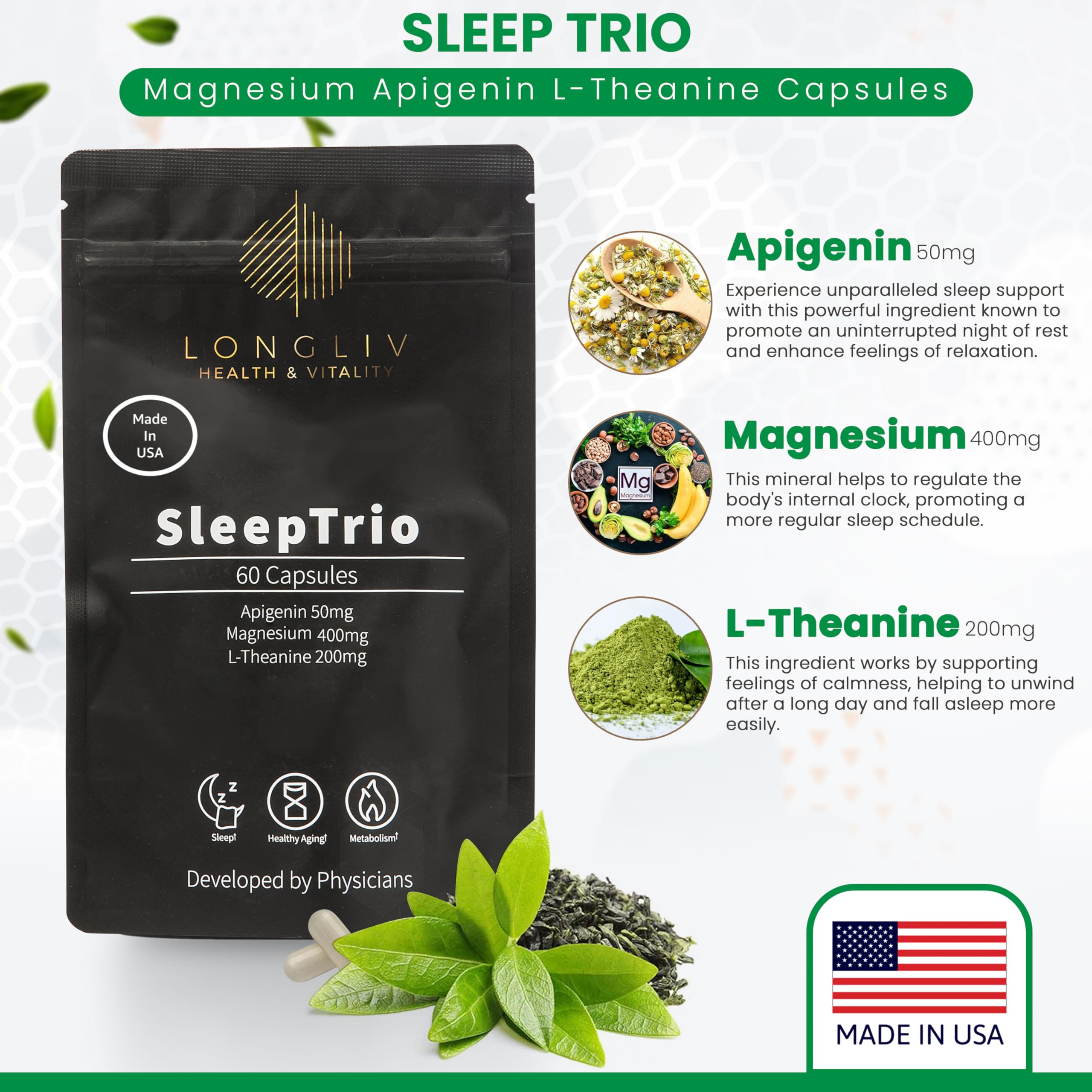 LongLiv Sleep Trio : gélules faciles à prendre, soutien potentiel au coucher.