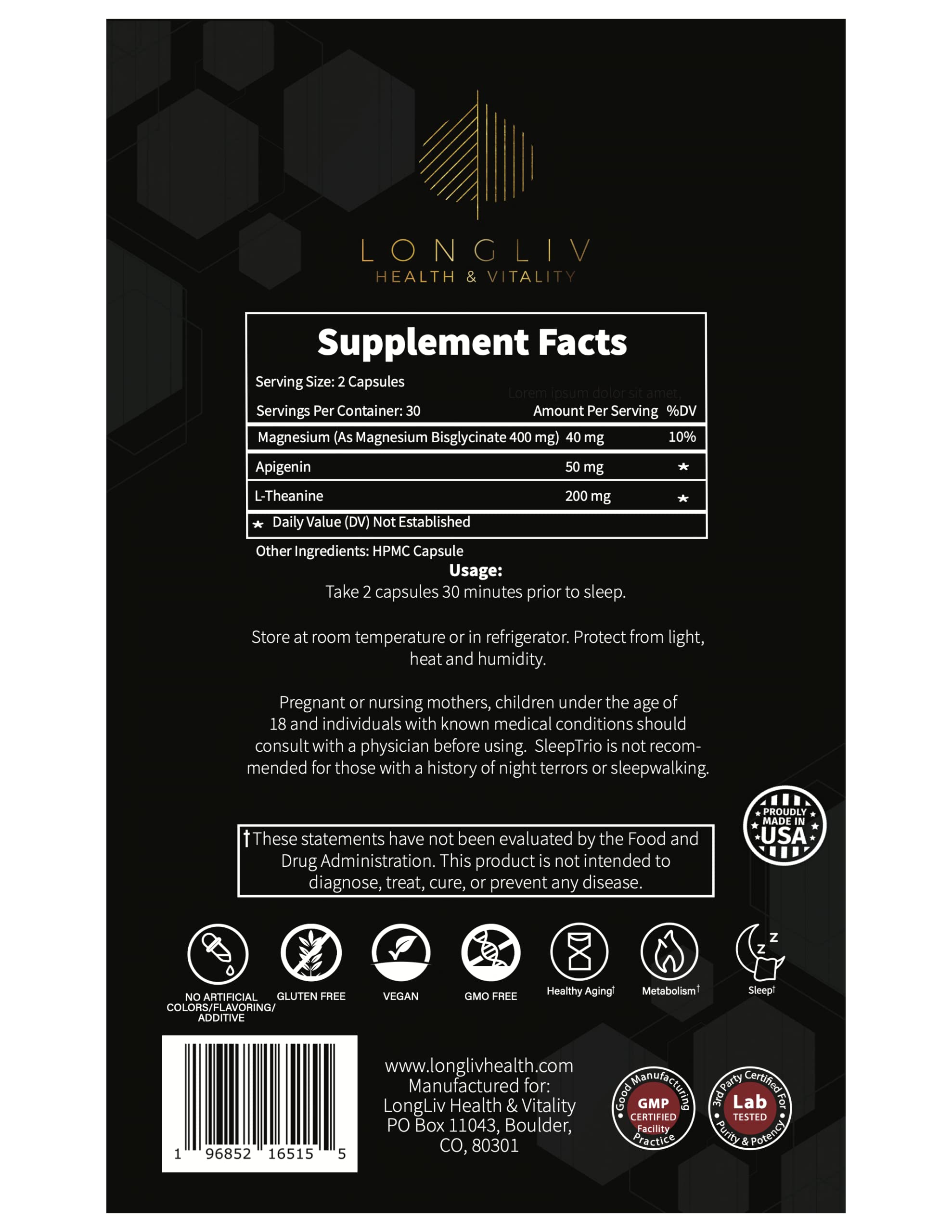 LongLiv Sleep Trio : utilisation nocturne sans mélatonine pour le rythme.