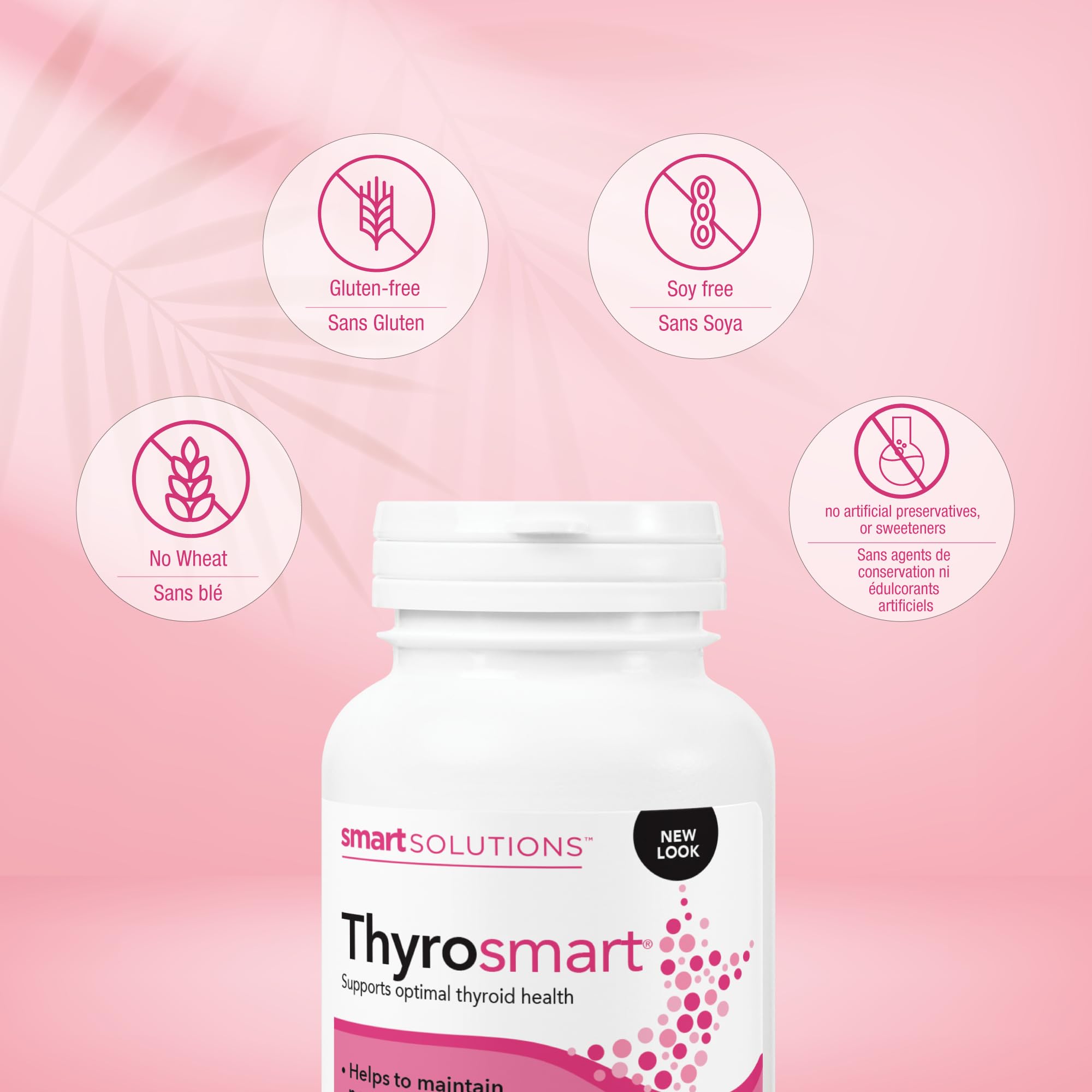 Étiquette Thyrosmart indiquant l’absence d’OGM et de gluten.