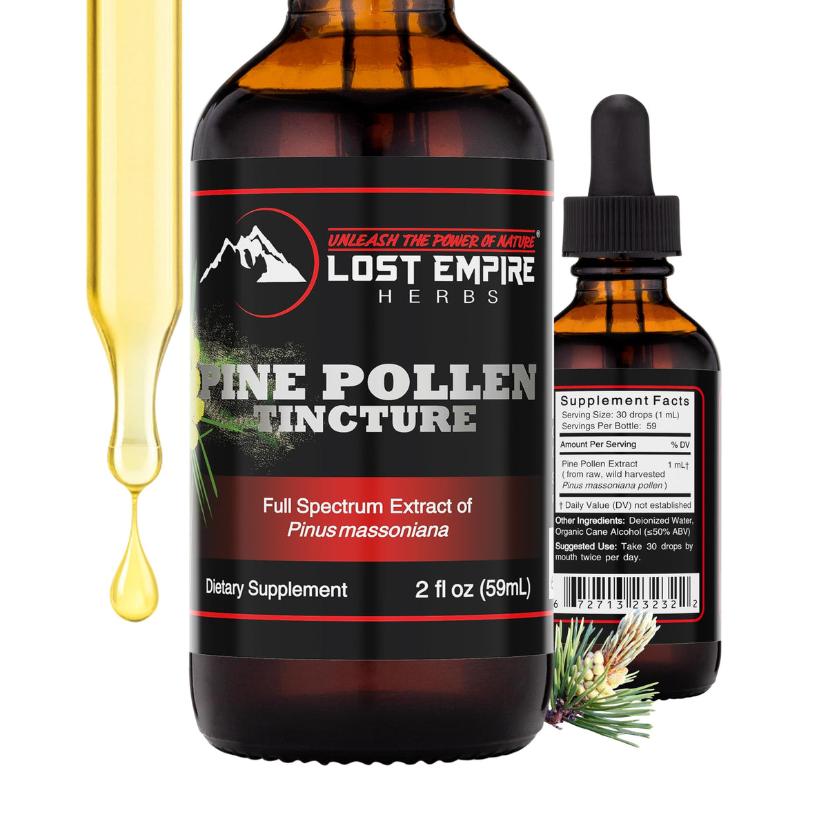 Lost Empire Herbs Pine Pollen Tincture – bouteille et pipette, absorption sous la langue potentielle.