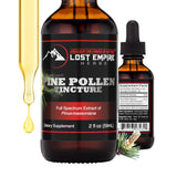 Lost Empire Herbs Pine Pollen Tincture – bouteille et pipette, absorption sous la langue potentielle.