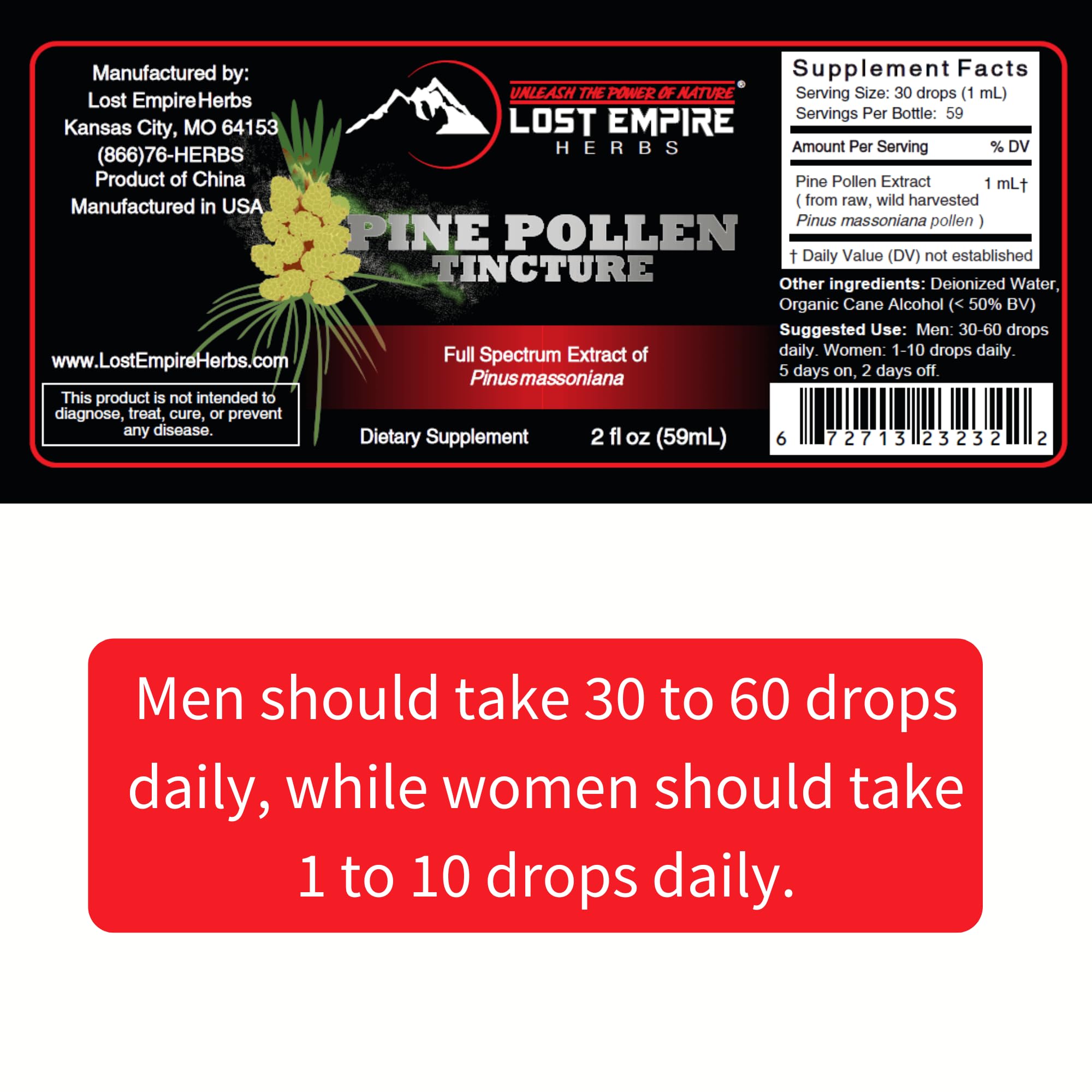 Emballage Pine Pollen Tincture Lost Empire Herbs – format portable.