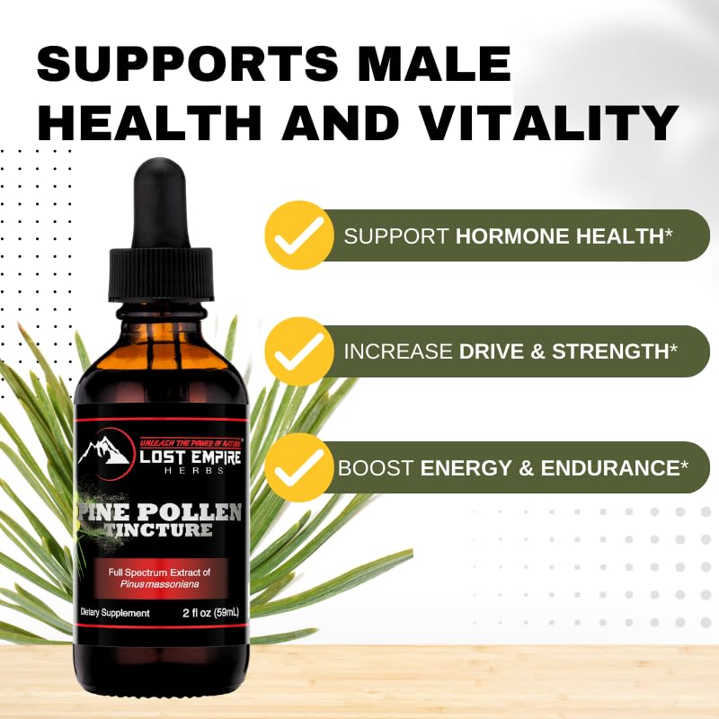 Étiquette Lost Empire Herbs Pine Pollen Tincture indiquant ingrédients naturels visibles.