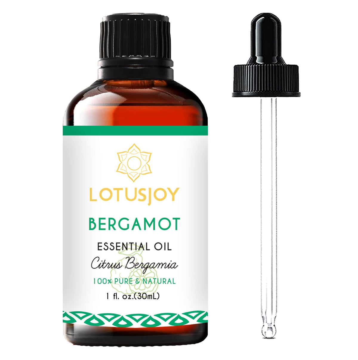 LOTUSJOY huile bergamote dans flacon ambré, packaging premium pour diffusion.