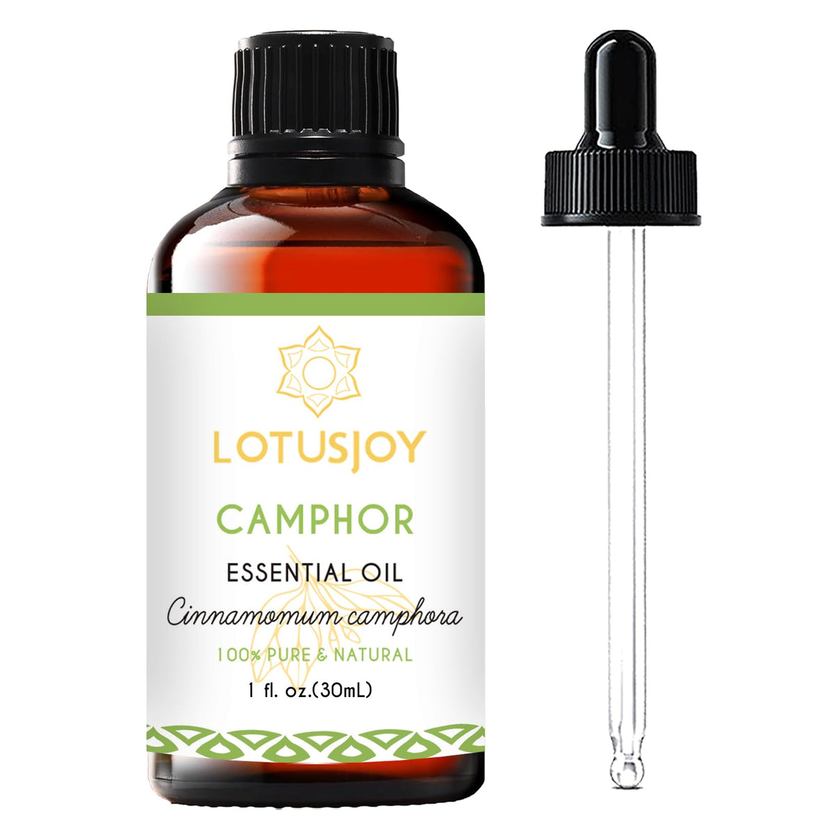 LotusJoy huile camphre, bouteille ambrée prête à diffusion aromatique.