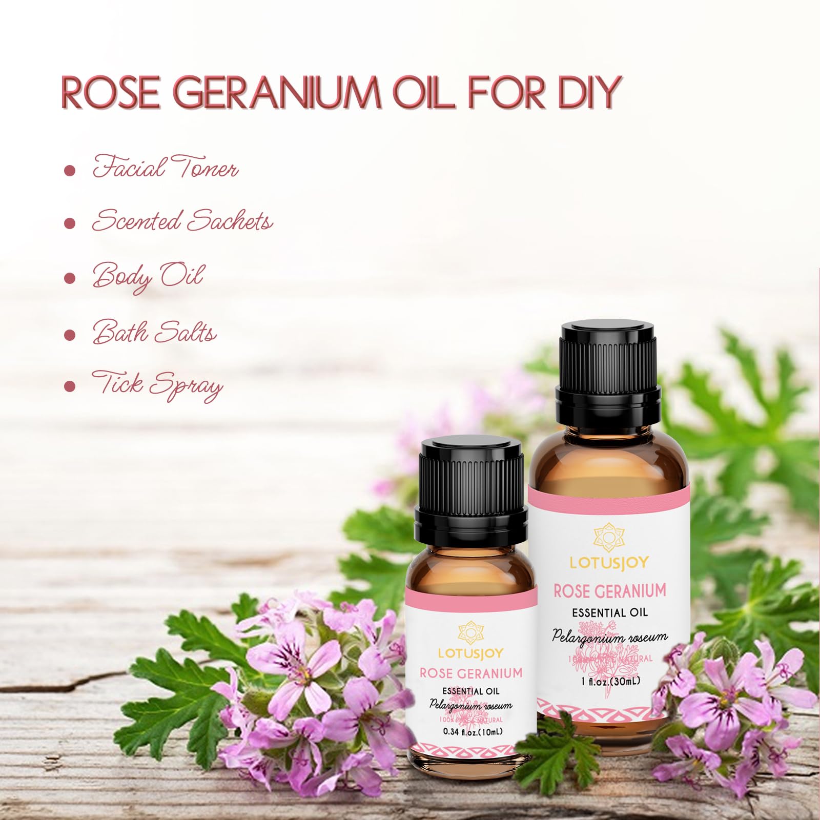 LOTUSJOY huile essentielle Géranium Rosat, emballage en verre ambré et dropper